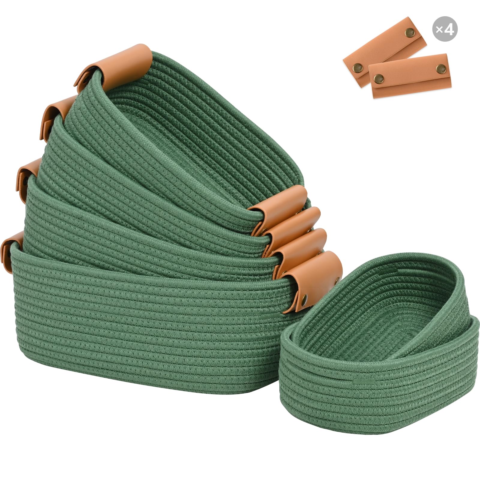 Storage Baskets for Organizing, Small Woven Basket Set of 6-4 Shelf Basket with Leather Handle and 2 Small Gift Baskets, Cotton Rope Basket for