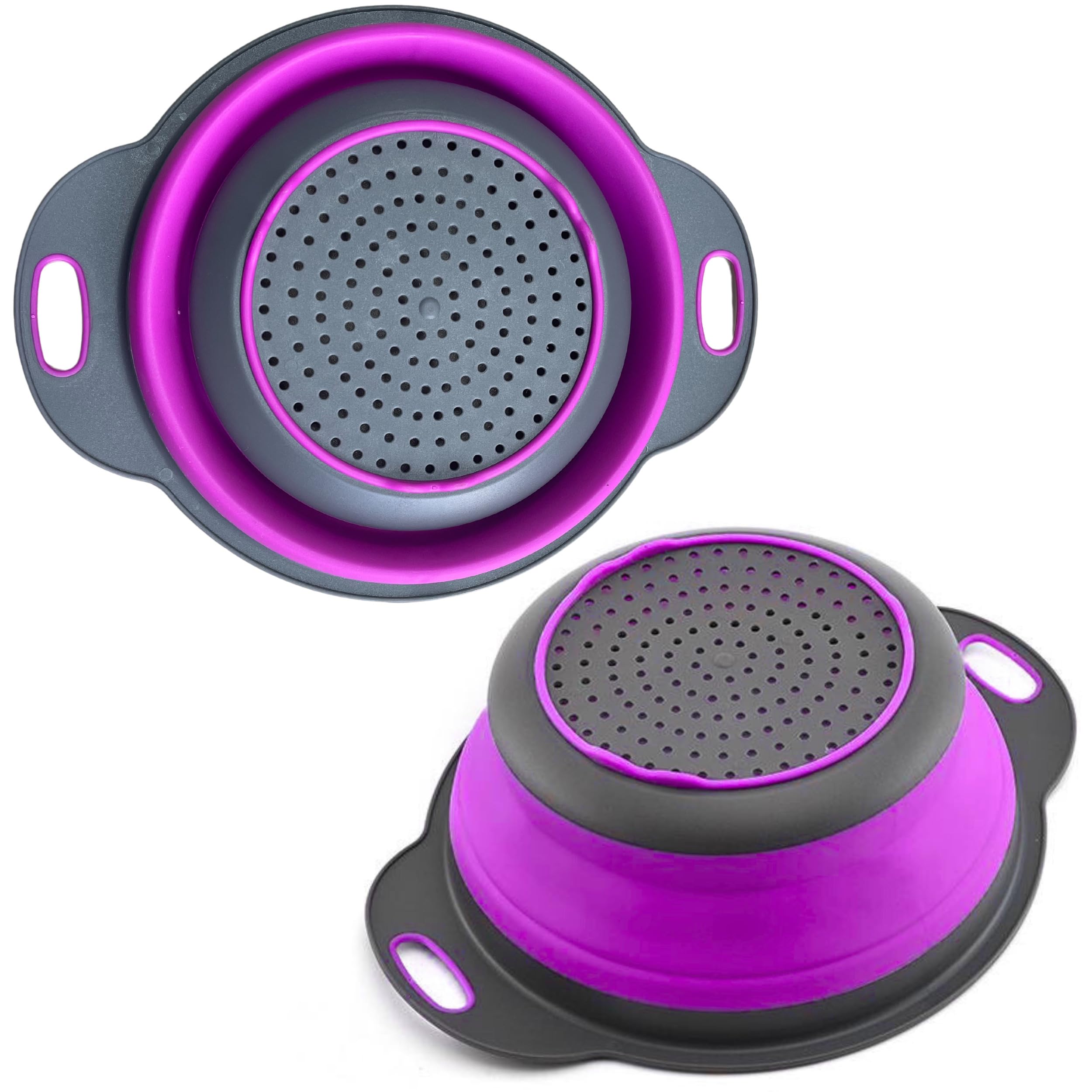 Purple Round Silicone Collapsible Colander – Silicone Round Small Kitchen Strainers with Plastic Handles Foldable Kitchen Strainer Perfect for Draining Pasta Vegetable and Fruit