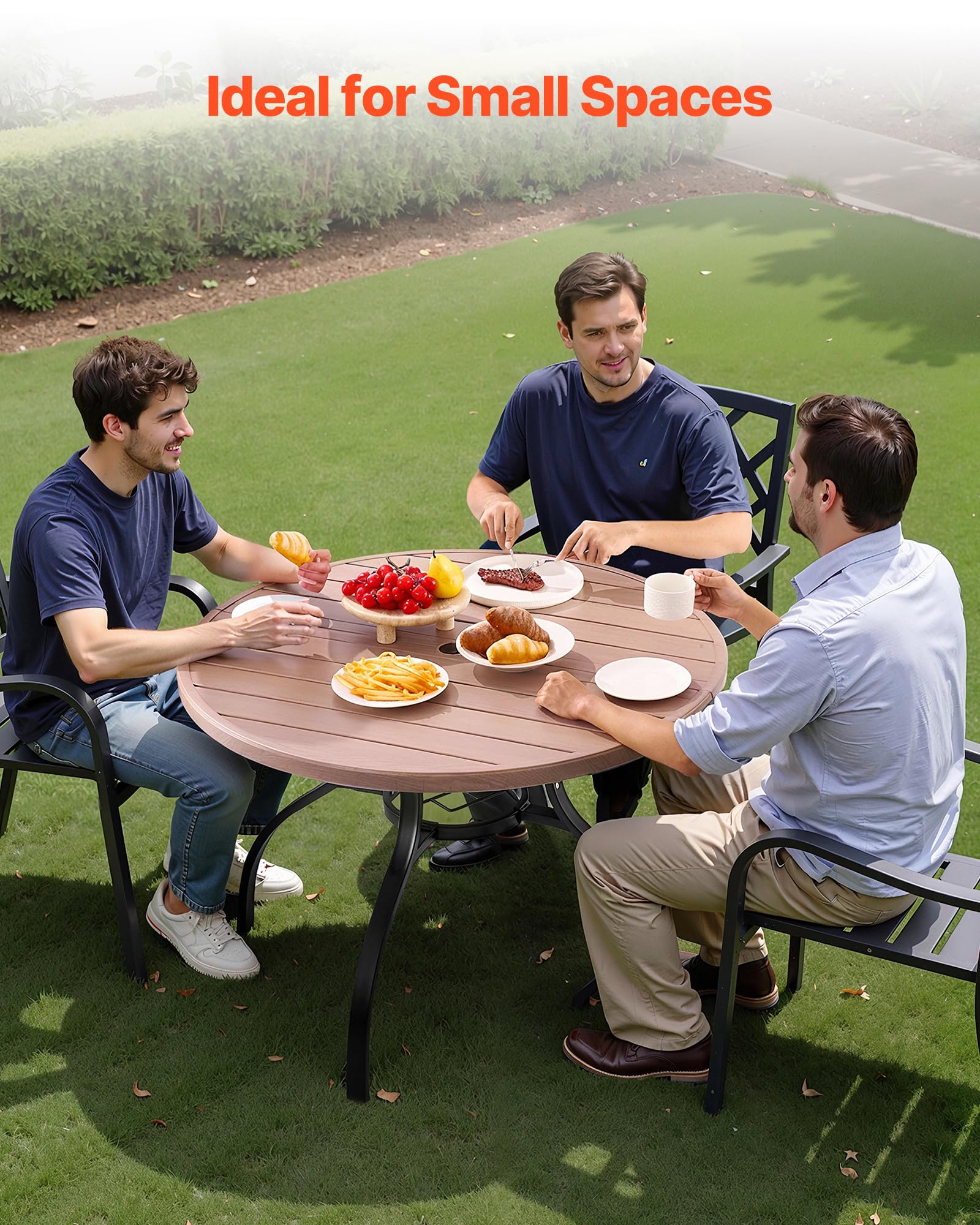 VEVOR Table à Manger pour Patio extérieur 1035 mm, Table de Bistrot Ronde en Acier Imitation Bois 4 Personnes, Trou Parasol 38 mm, Gris