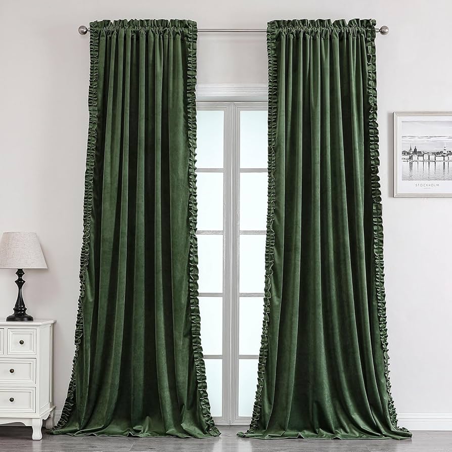 Amazon.com: Green Ruffle Velvet Curtains for Bedroom, Shabby