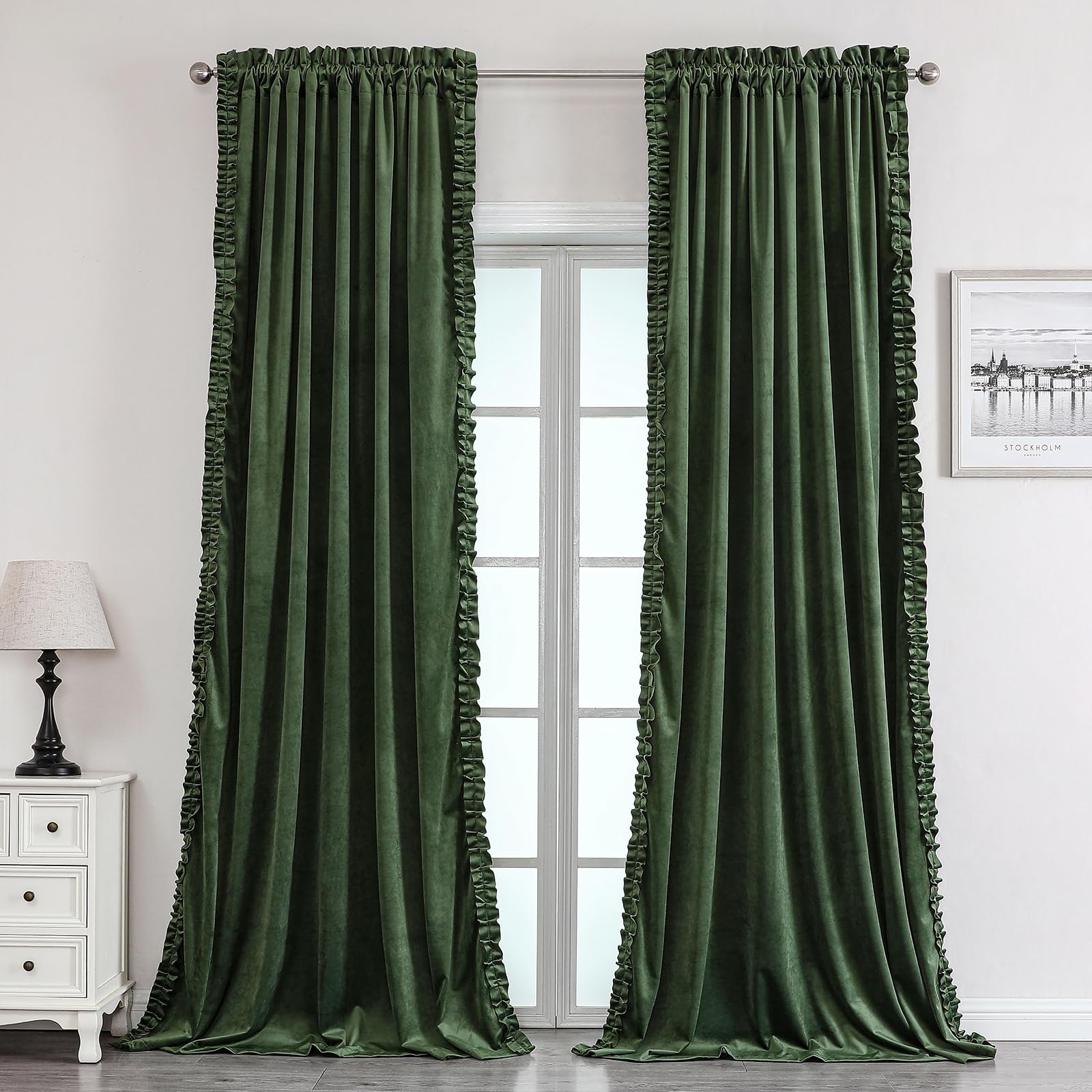 Green Ruffle Velvet Curtains for Bedroom, Shabby Chic Ruffle