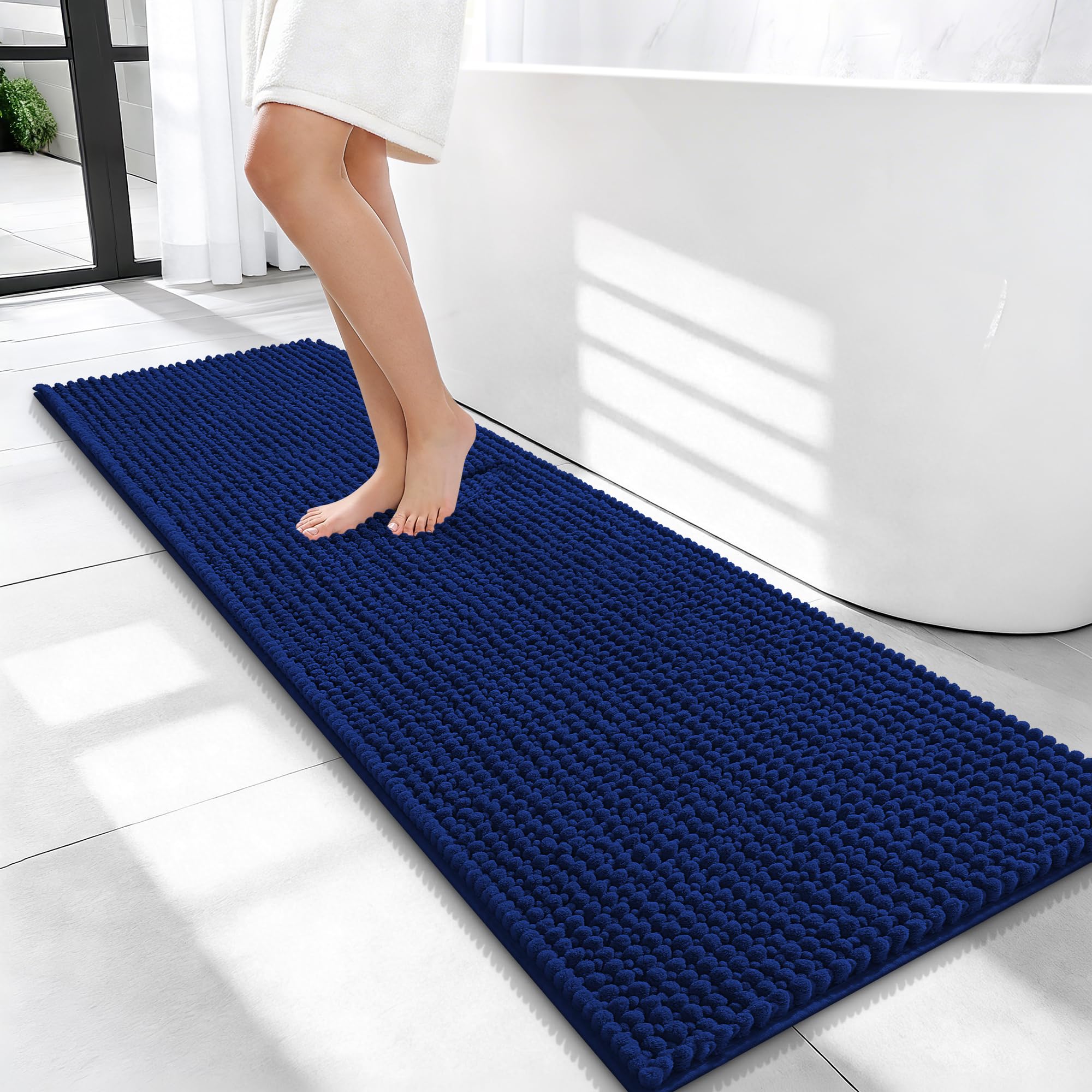 OLANLY Thick Chenille Bathroom Runner Rugs 47x17, Absorbent Bath Mat, Navy