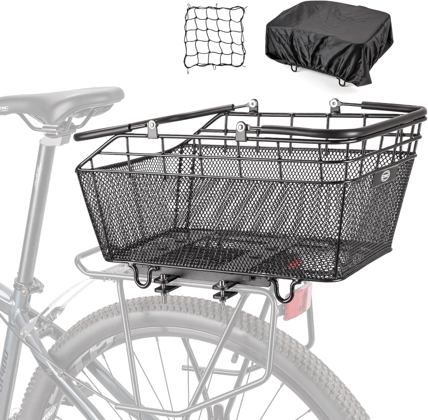 CXWXC Hinterer Fahrradkorb mit Griff – Schnell Abnehmbarer Fahrrad‑Heckkorb mit Gepäcknetz und wasserdichter Abdeckung, großer Drahtkorb für das Fahrradheck