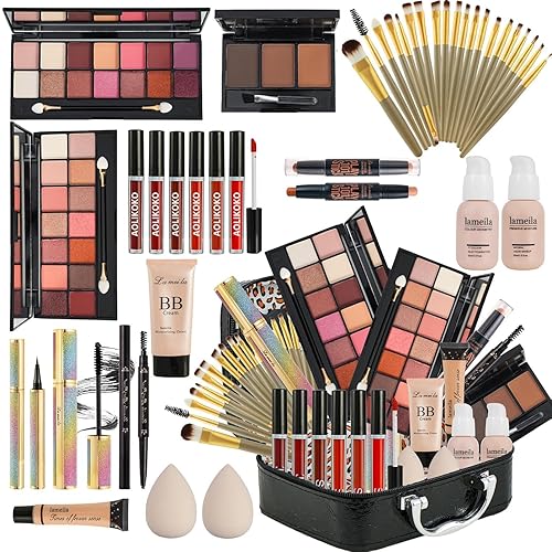 Kit completo de maquillaje todo en uno para mujeres, incluye paleta de sombra de ojos, base, brillo de labios, delineador de ojos, rímel, brocha de