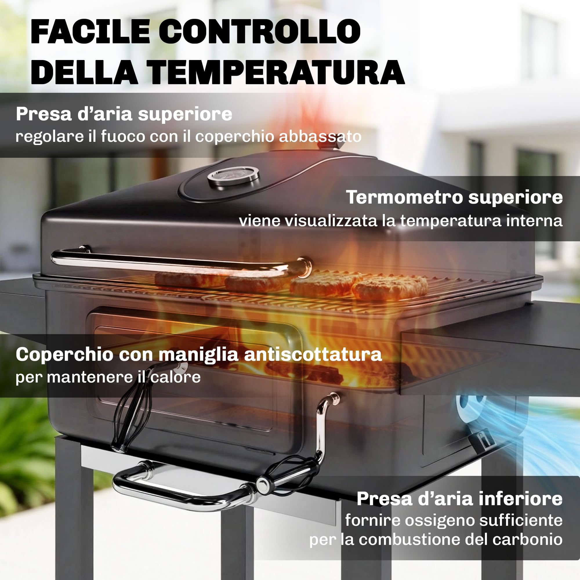 Outsunny Barbecue Carbonella Carrello BBQ Portatile con Griglia e Coperchio, Nero