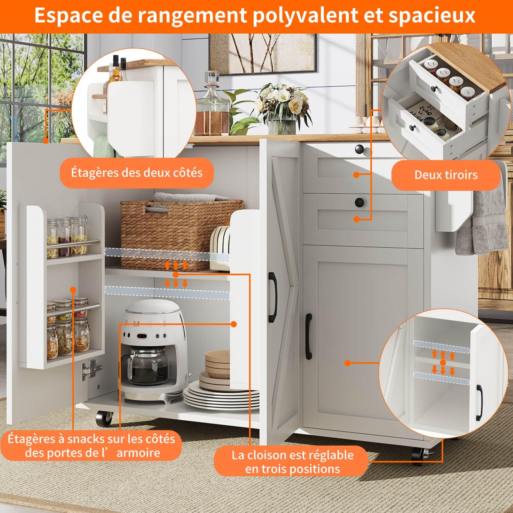 PUGSDRLY Desserte ilôt de Cuisine avec roulettes,Buffet Cuisine de Rangement avec Plateau de Table Pliable,Chariot de Repas,2 Tiroirs et 3 Portes,Espace de Rangement Multifonctionnel (Blanc-C)