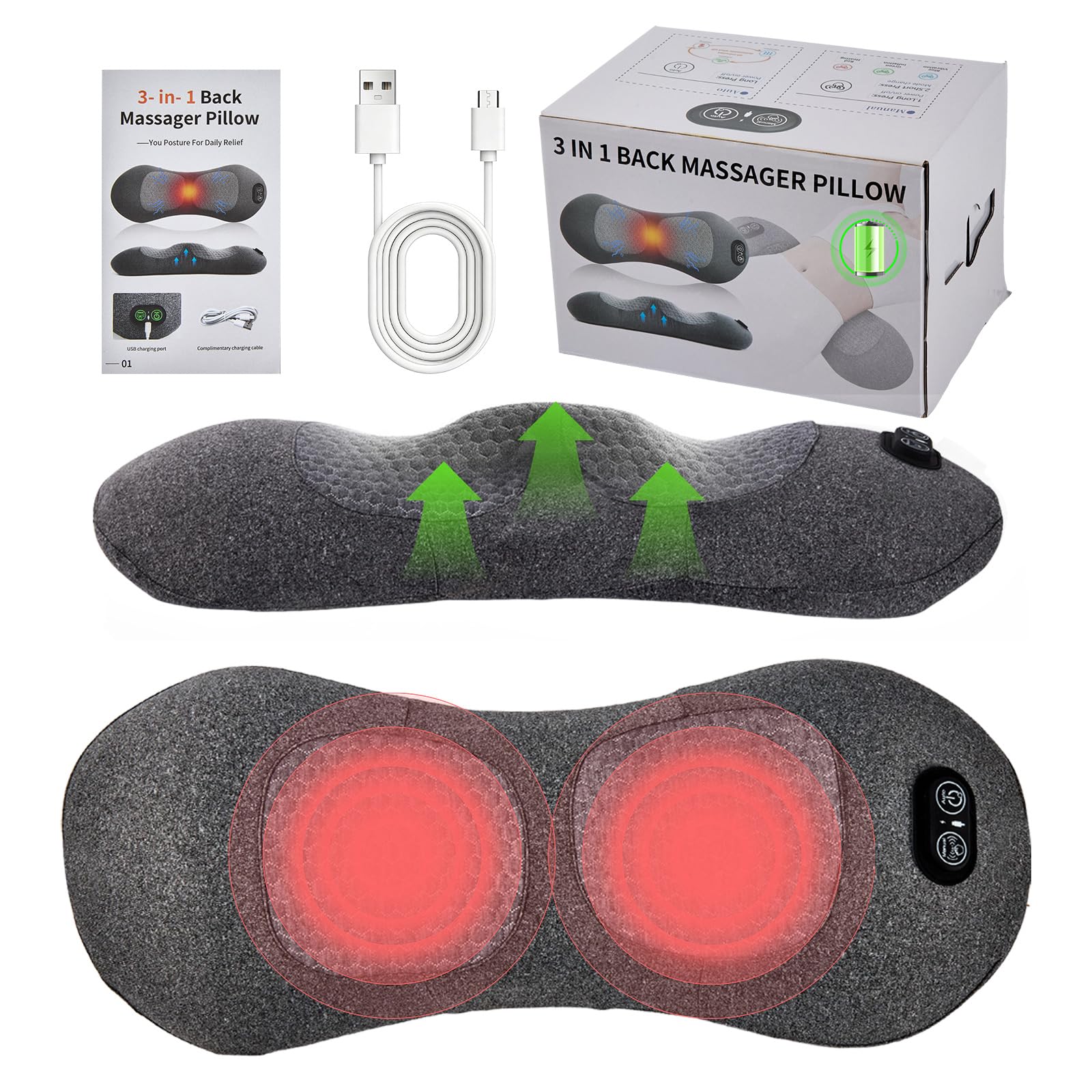 Photo 1 of Bfhosehold 3-in-1 Rechargeable Smooth Triple Spine Fusion Back Massager with Heat, Vibration, Traction, Electric Lumbar Support Pillow for Office Chair, Sofa, Bed