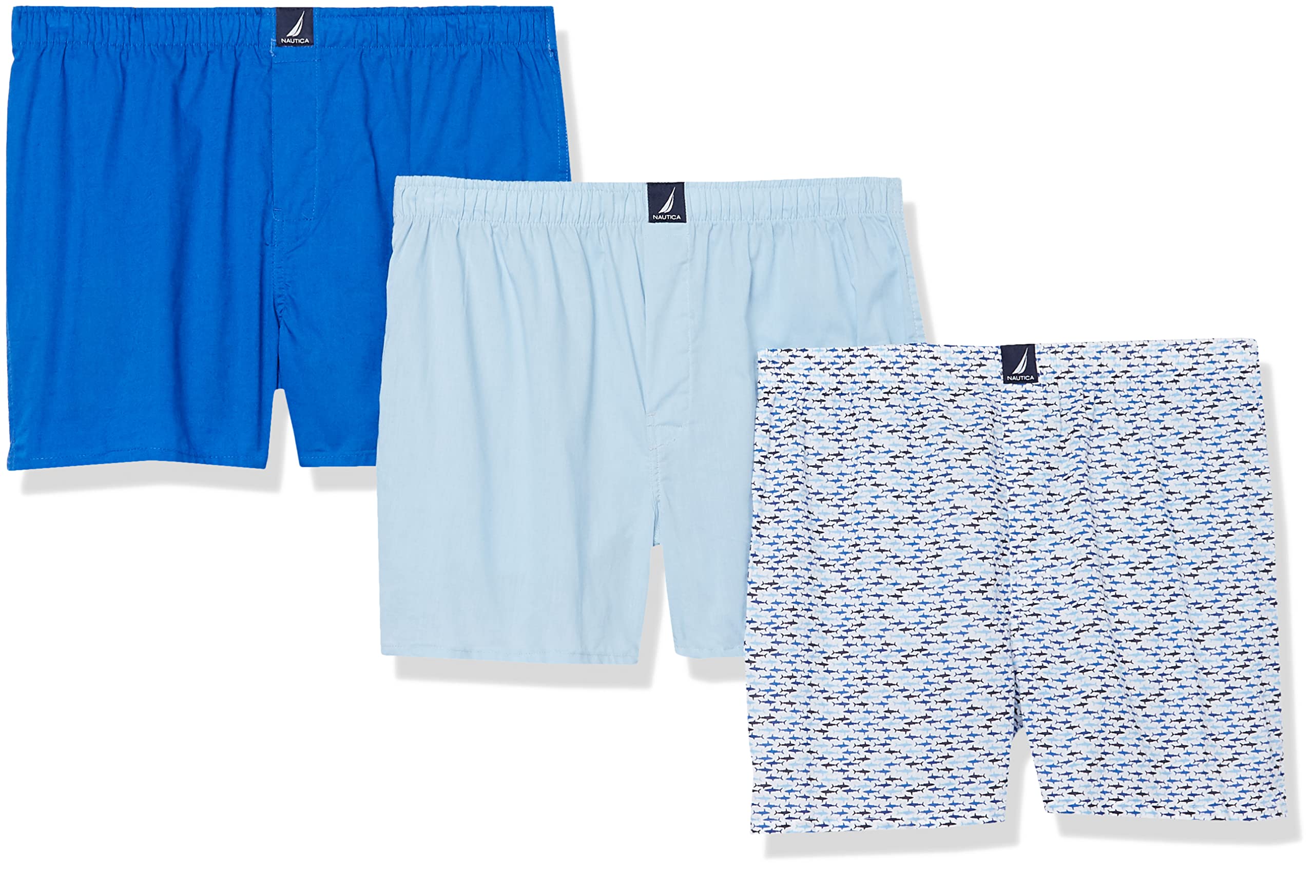Photo 1 of **APPEARS UNUSED**
Nautica Men's Cotton Woven 3 Pack Boxer Medium Noon Blue/Spinner Blue/Shark Print Peacoat