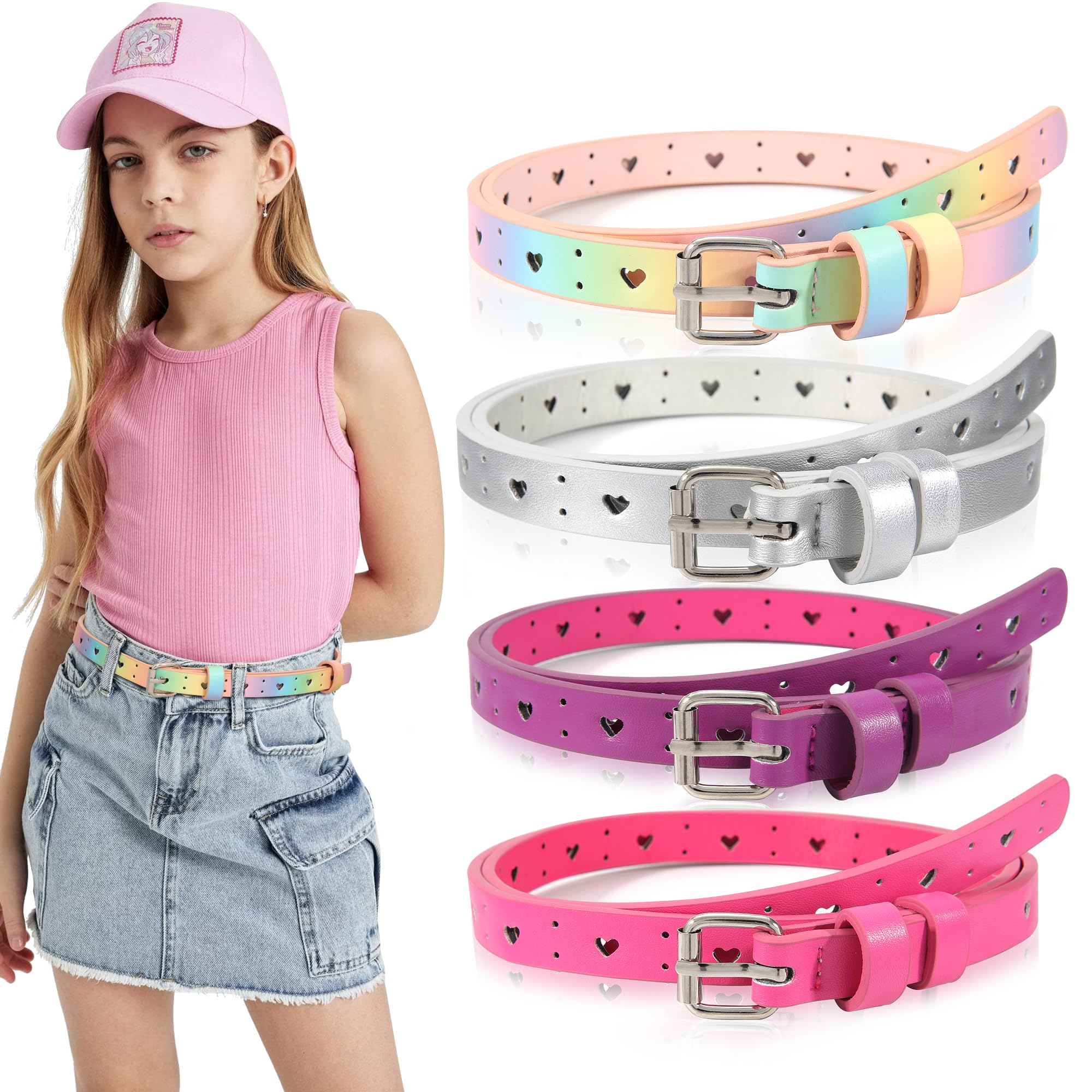 Kajeer Kids Belt for Girl,Leather Belt Heart Circle Hole Youth Toddler Belt
