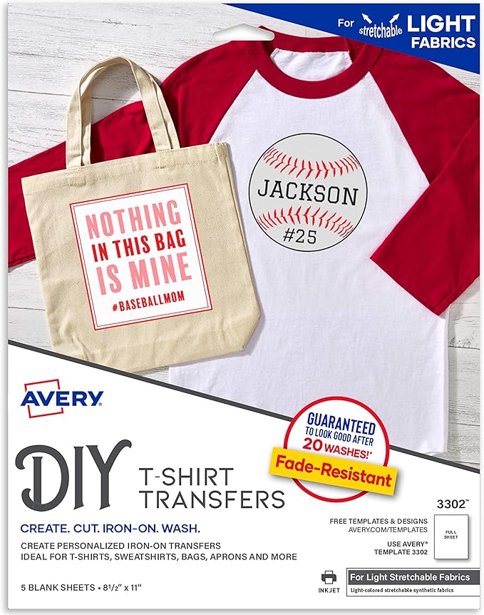 Avery Printable Stretchable Heat Transfer Paper For Light Fabrics 8 5 Avery Printable Stretchable Heat Transfer Paper For Light Fabrics 8 5