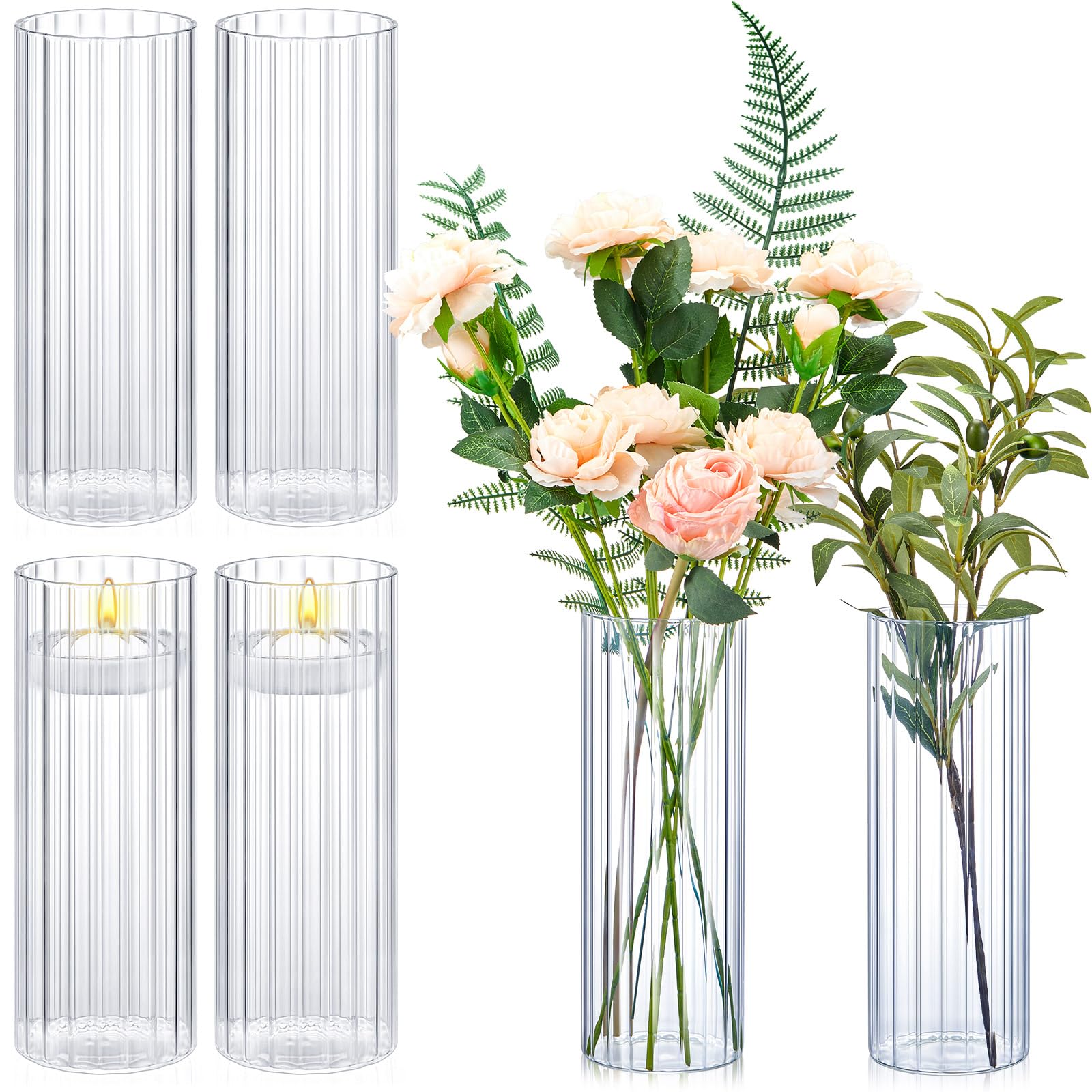 Photo 1 of **Only two** Ninehaoou 6 Pcs 10 Inch Tall Glass Ribbed Cylinder Vases Clear Floating Candle Flower Vase in Bulk, Hurricane Candle Holder for Wedding Housewarming Gift Table Centerpieces
