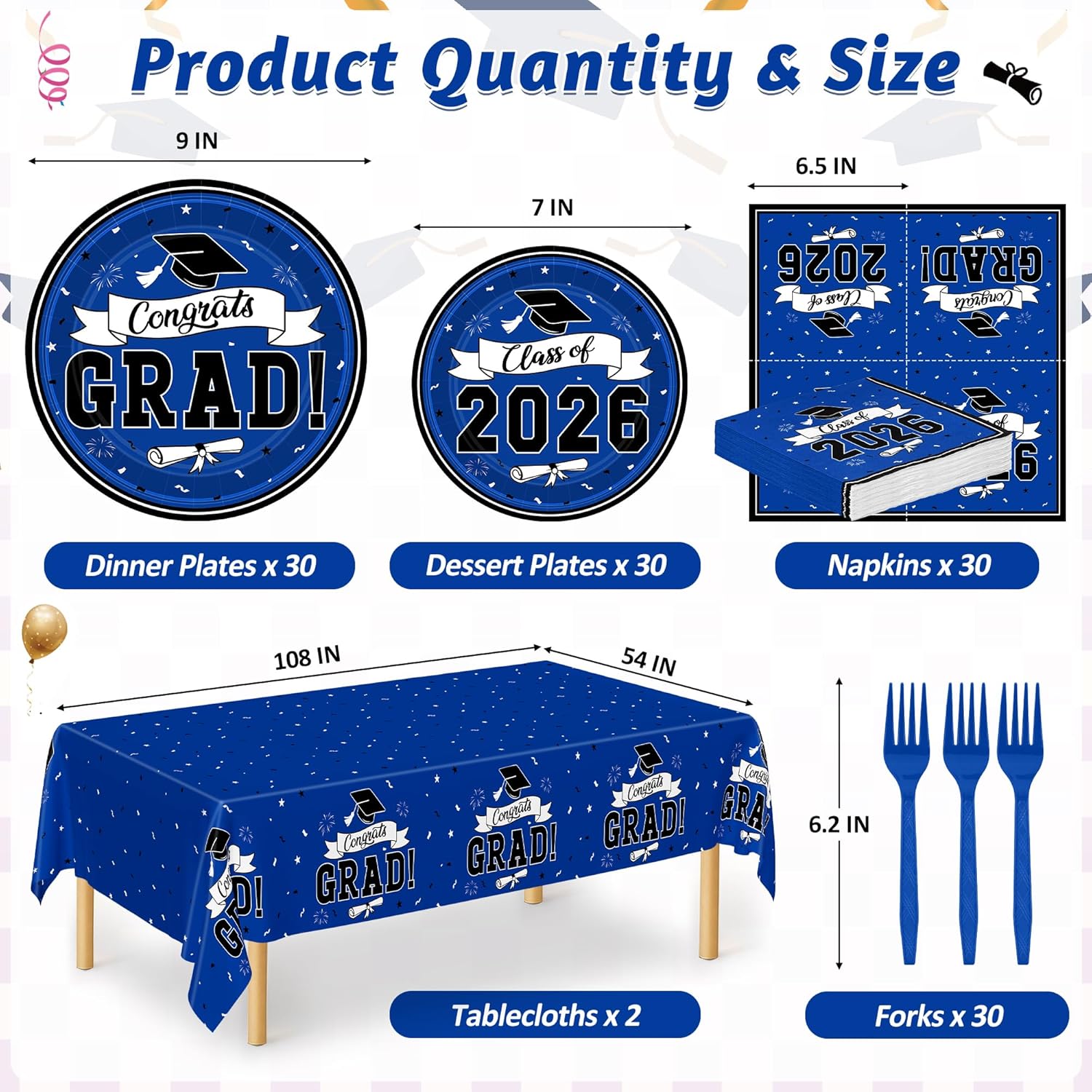122 Pcs Graduation Decorations 2026 Set Serves 30, Graduation Plates and Napkins, Disposable Class of 2026 Grad Decorations, Blue Congrats Grad Paper Dinnerware Table Decor for Party