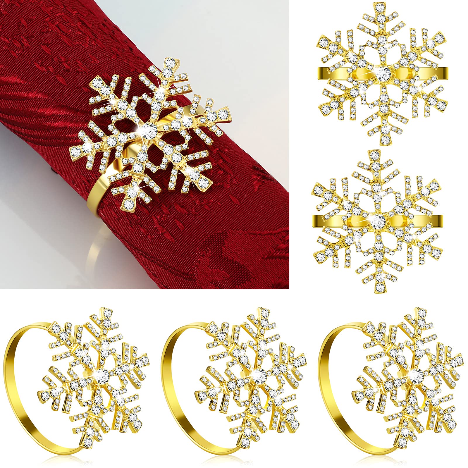 Patelai 6 Pieces Snowflake Napkin Rings Set Xmas Snowflake Napkin Holders Rhinestone Napkin Rings Holder for Christmas Wedding Party Table Supplies Decoration (Gold)