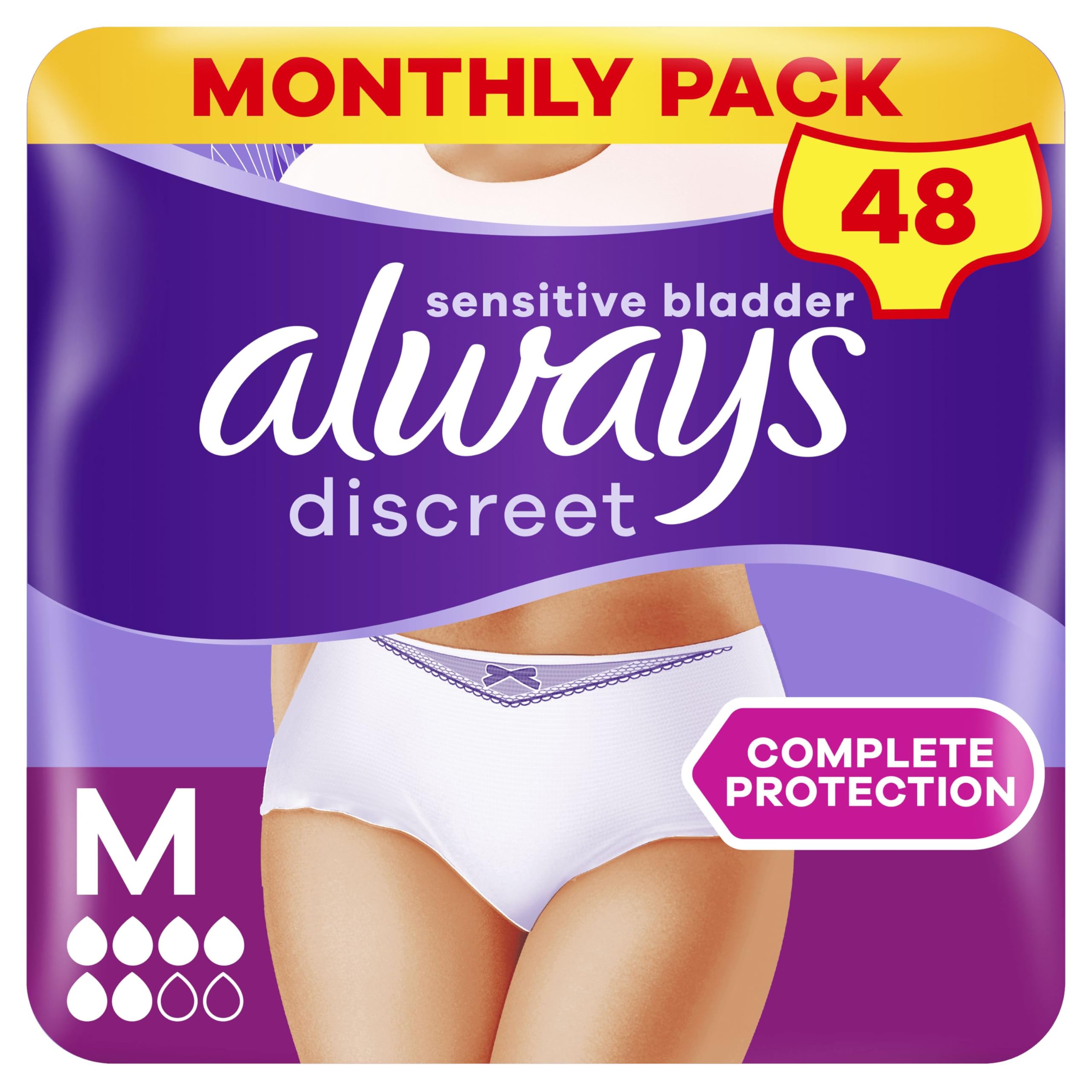 Always DiscreetIncontinence Pants Women, Medium, Normal, 48 Pants (12 x 4 Packs), Odour Neutraliser, SAVING PACK, Dress Size 10-16, for Sensitive Bladder