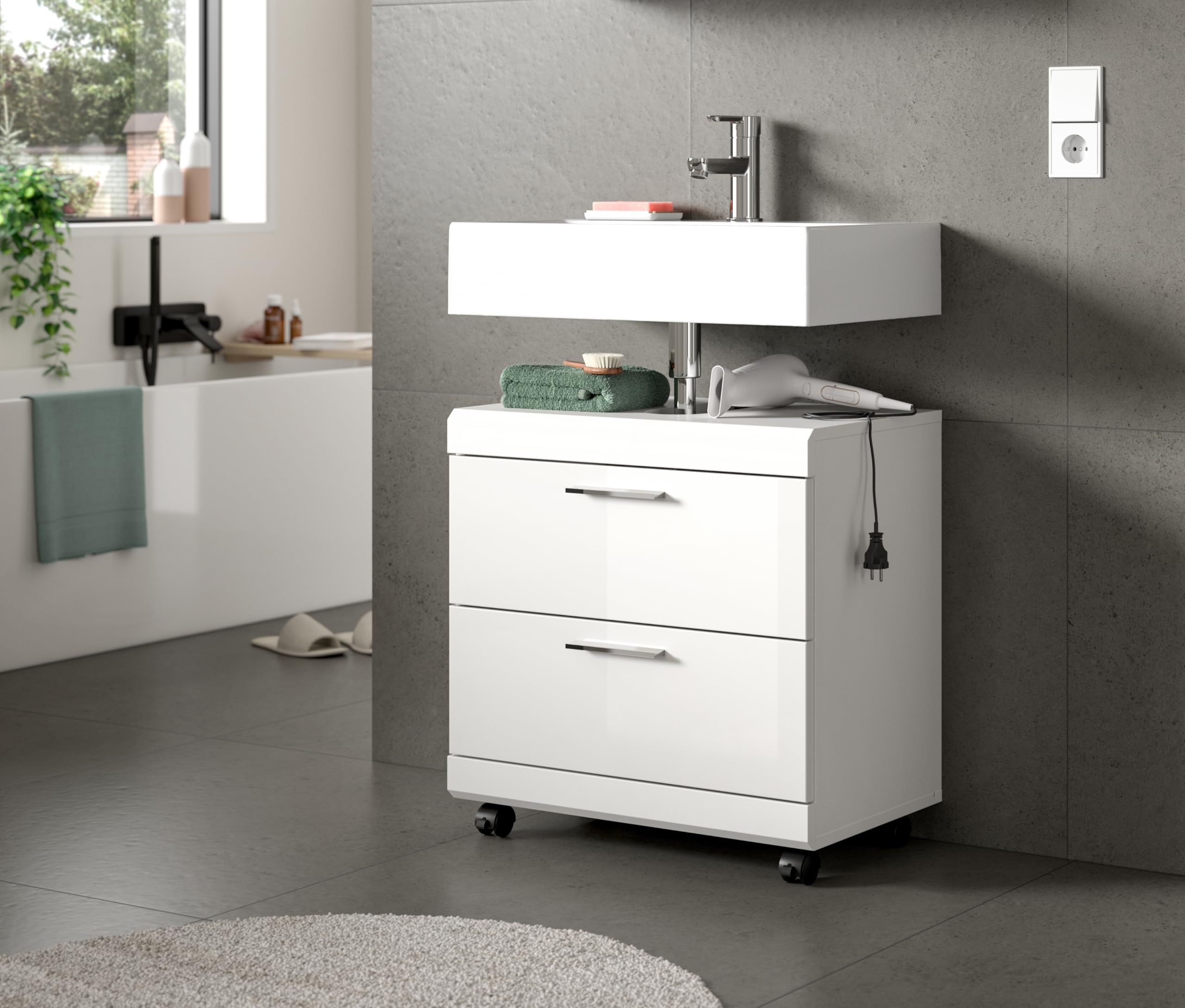 xonox.home – Waschbeckenunterschrank Scout 60x60x34 cm in Weiß Hochglanz – Mobiler Badschrank auf Rollen mit Feststeller – Moderner Unterschrank für eine Elegante & Flexible Badaufbewahrung