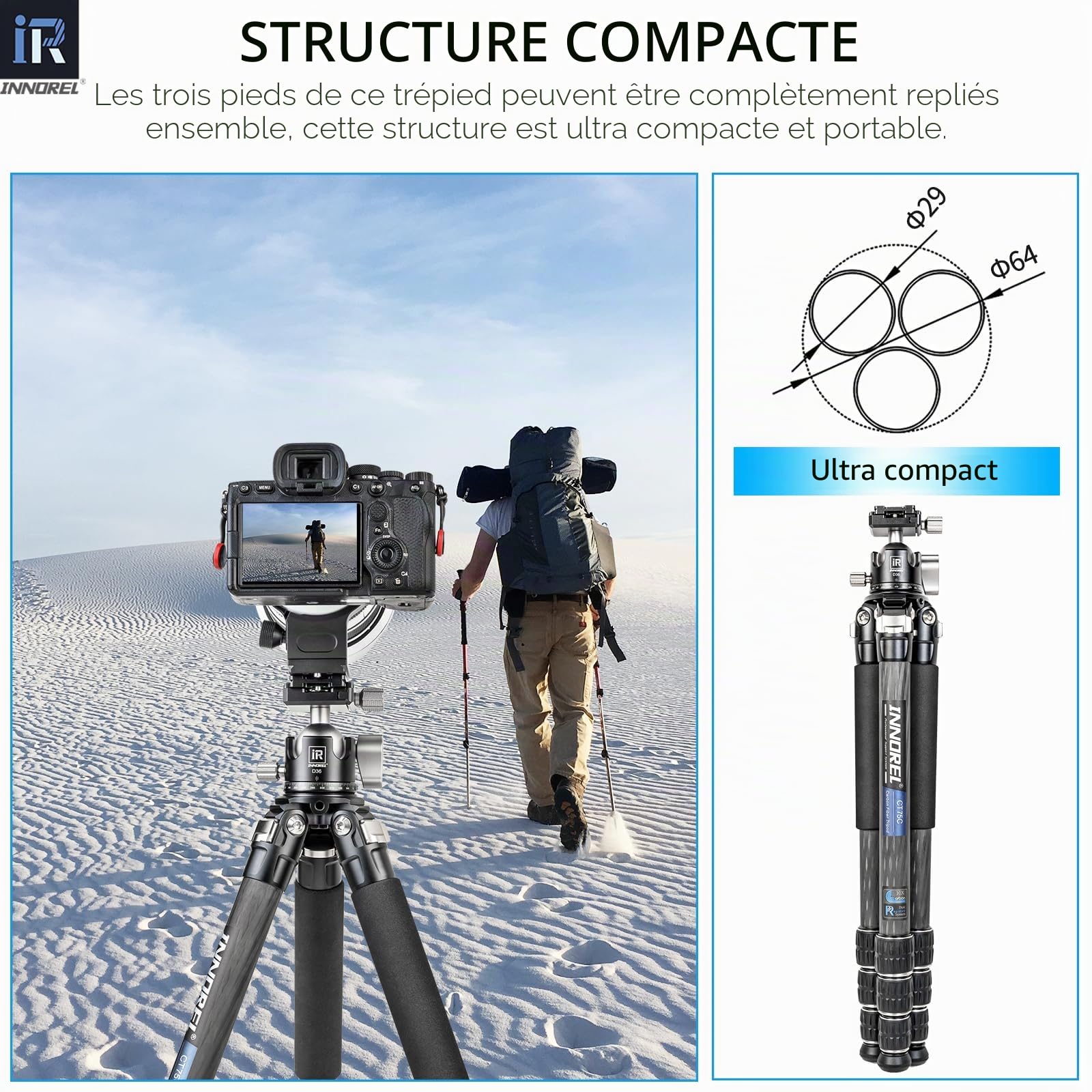 Trépied en Fibre de Carbone - INNOREL CT75C Trépied Compact Professionnel Support de caméra Lourde pour caméra vidéo DSLR avec tête de Bille à Basse gravité de 36mm et Colonne Centrale Tube de 29 mm