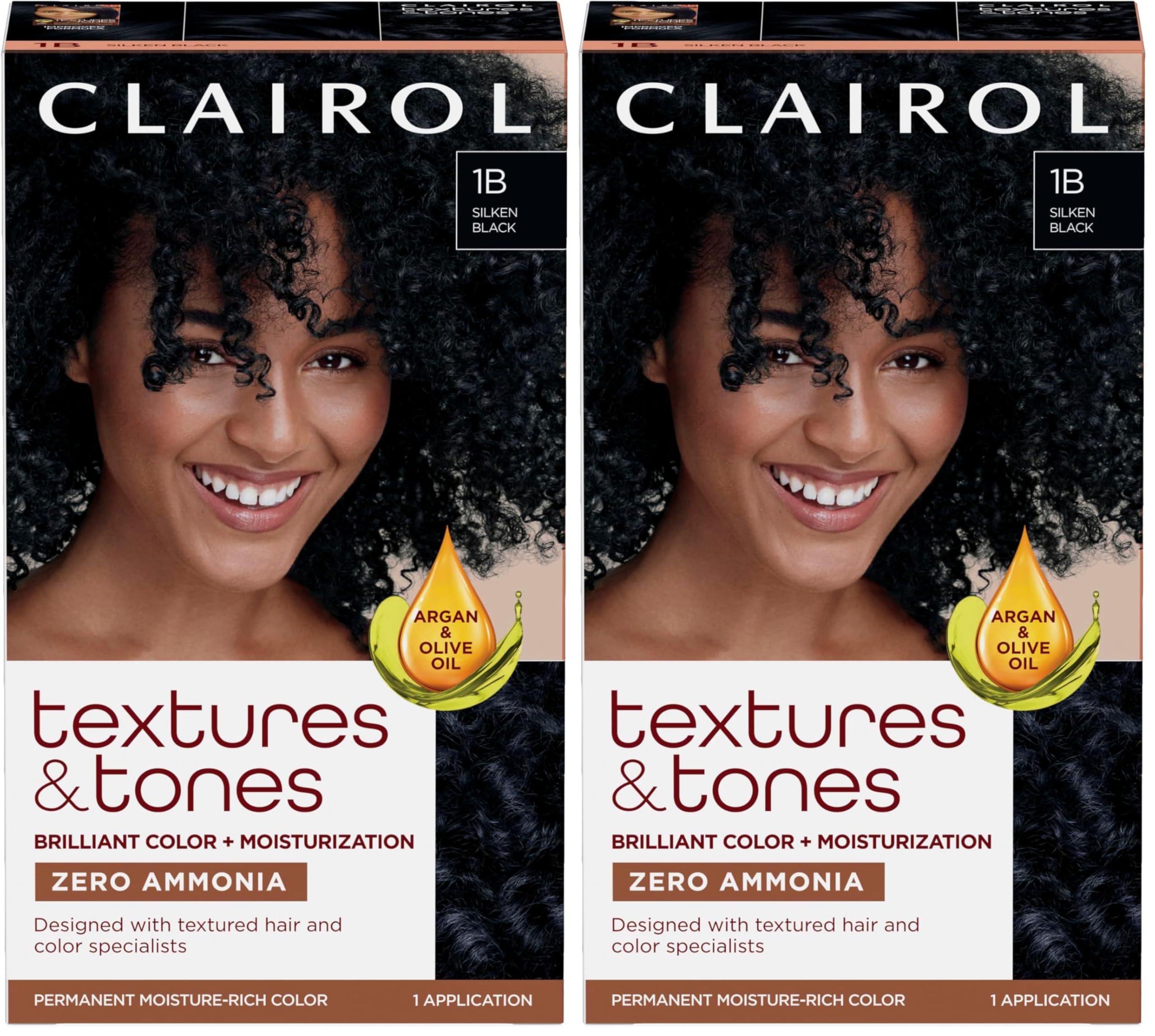 Clairol Textures & Tones Permanent Hair Dye, 1B Silken Black Hair Color, Pack of 2
