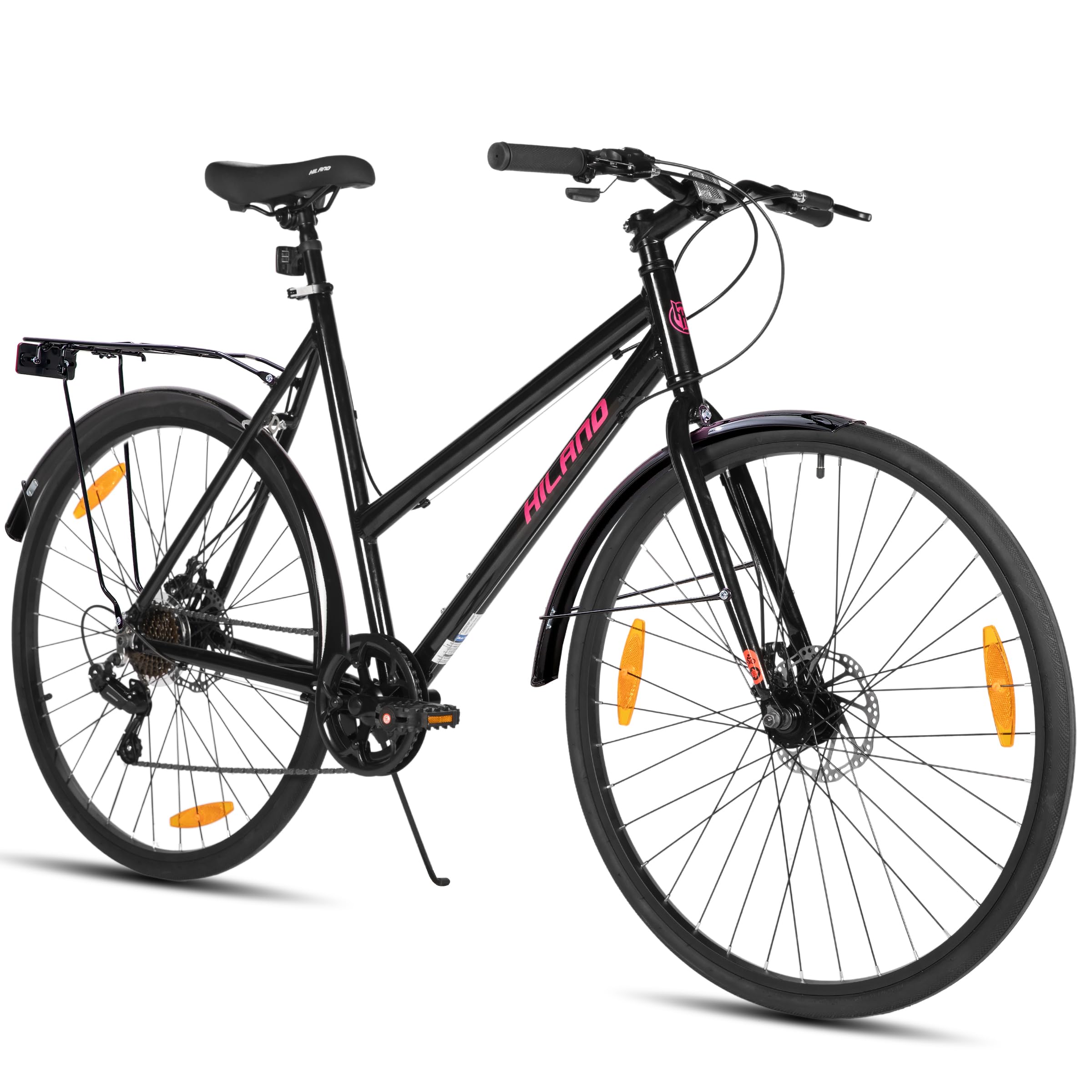 Hiland 700C Bicicleta de Carretera, Bicicleta Urbana de 7 velocidades y 28 Pulgadas, Bicicleta cómoda para Adultos con Frenos de Disco, Unisex, Negro/Azul/Rosa/Blanco