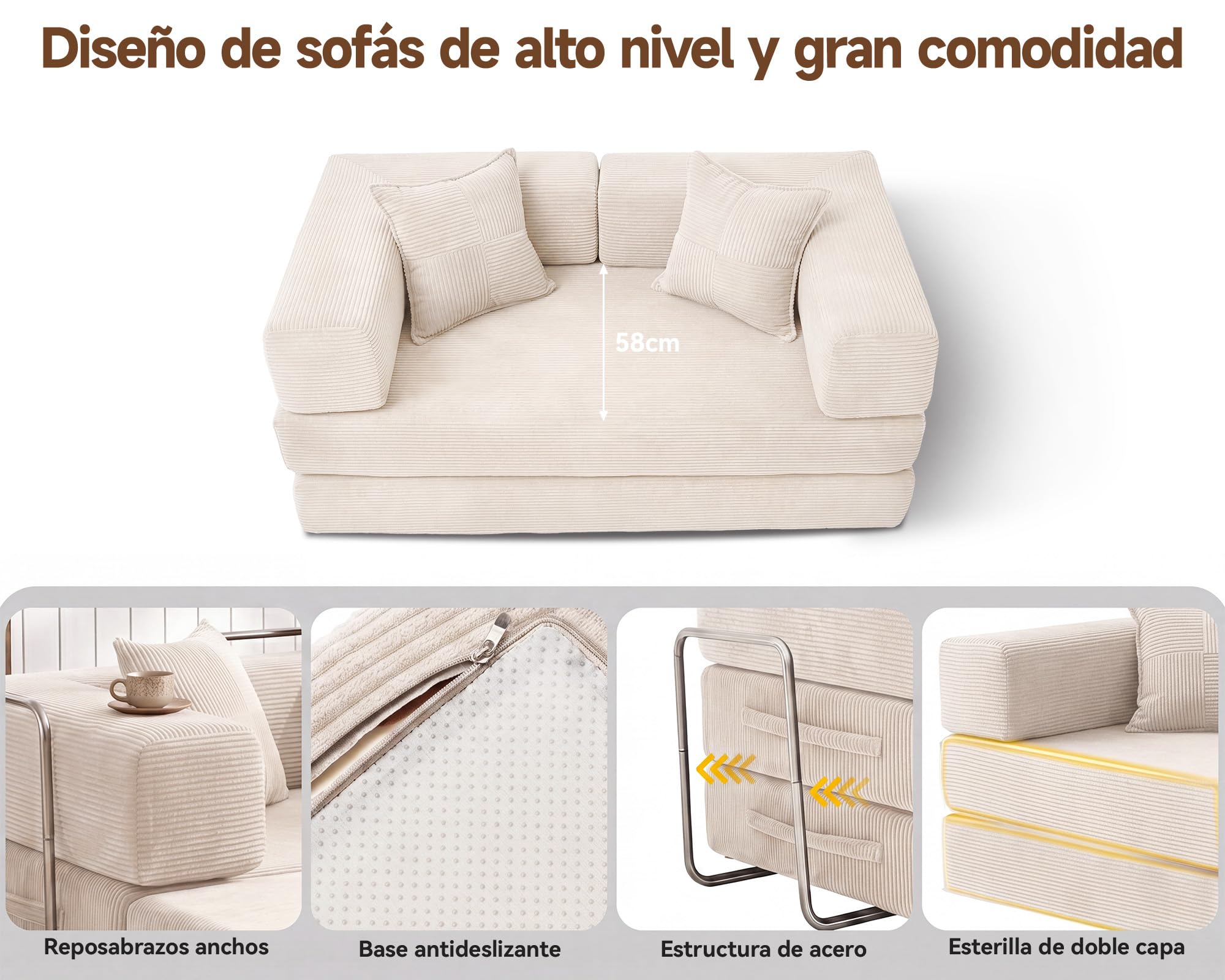 Vipbear Sofá Cama 2 Plazas, 180cm Modular Versátil Sofá Convertible 5 en 1 | Alta Densidad Espuma Viscoelástica Sofá Cama para Apartamento, Seccional sin huesos, Apto para Mascotas, sin Montaje, Beige