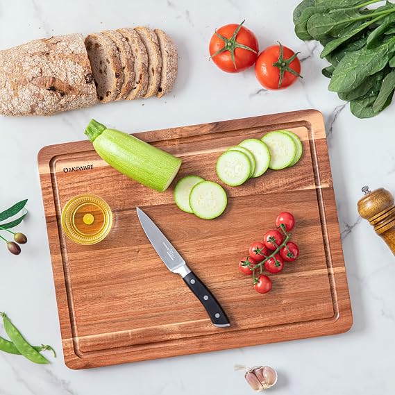 BEZIA 16.5 x 13 Acacia Wood Cutting Board, Durable Kitchen Prep Station | Deep Juice Grooves, Side Handles, Pre-Oiled Surface, Ideal for Daily Meal Prep, Expert Carving, Serving & Kitchen Decor