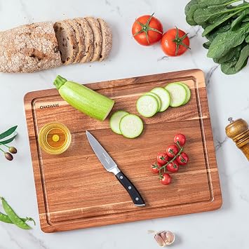 BEZIA 16.5 x 13 Acacia Wood Cutting Board, Durable Kitchen Prep Station | Deep Juice Grooves, Side Handles, Pre-Oiled Surface, Ideal for Daily Meal Prep, Expert Carving, Serving & Kitchen Decor