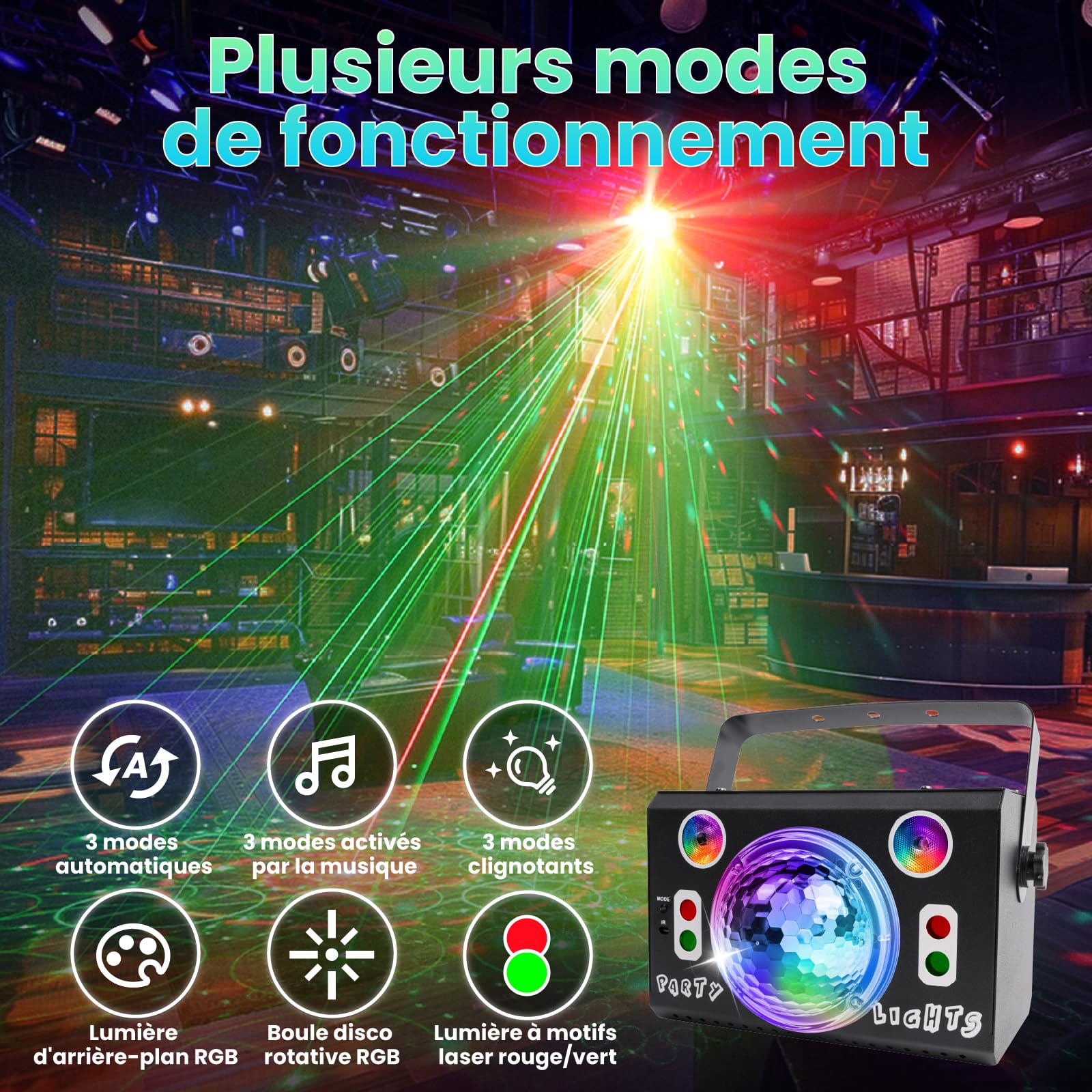 Lampe de Scène avec Télécommande, Rotative Boule Disco avec Stroboscope et Laser, Lumière Disco 120 Effets Lumineux RGB, Jeux de Lumière DJ, Lumiere Soirée Laser DJ pour Fête Noël Halloween