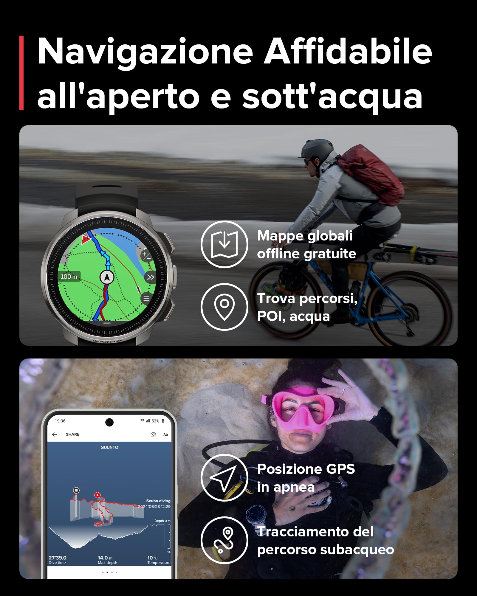 SUUNTO OCEAN Orologio Subacqueo e Sportivo Uomo, Schermo AMOLED, 10ATM/7 Bar, Dualband GNSS Mappa Offline, GPS Activity Tracker, 95+ Sports, Cardiofrequenzimetro, Autonomia 60H in Modalità Immersione