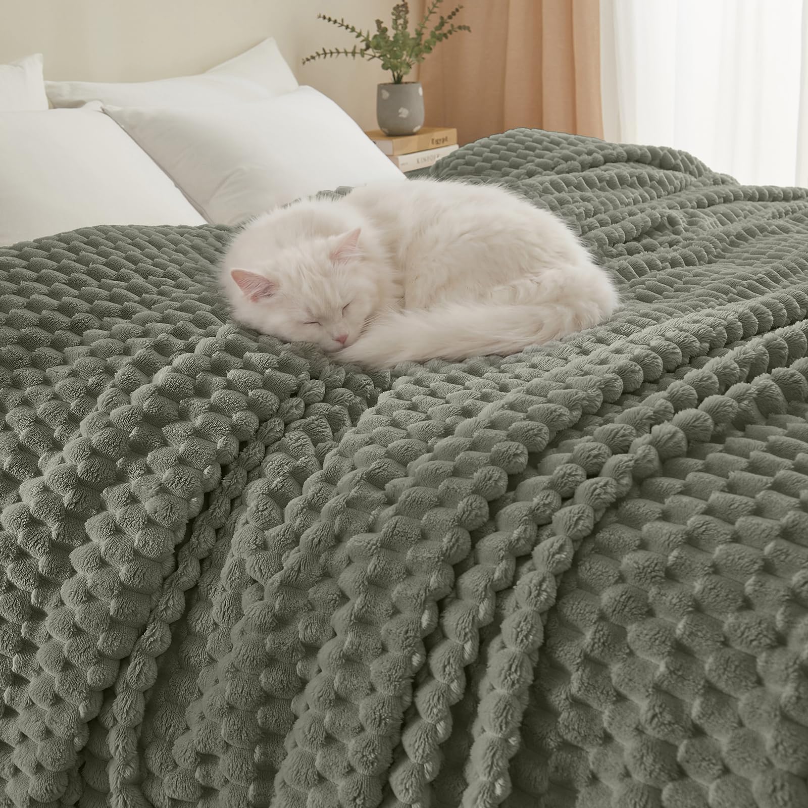 phf ultra soft flannel fleece blanket king size, lightweight 3d jacquard fleece blanket, no shedding, no pilling, luxury 340gsm aesthetic fluffy cozy for bed room decor, 108"x90", dusty sage
