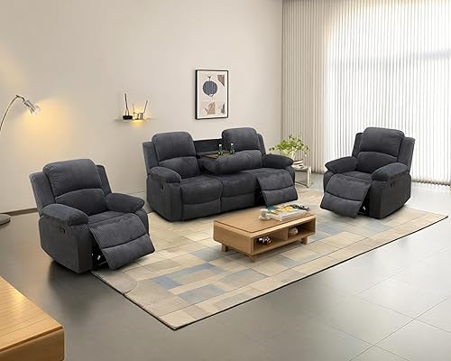 Miniatura 13 de Juego de sofá reclinable para sala de estar, juego de muebles de sala de estar, 2 piezas, sofá de tela de pana y juego reclinable con mesa gris