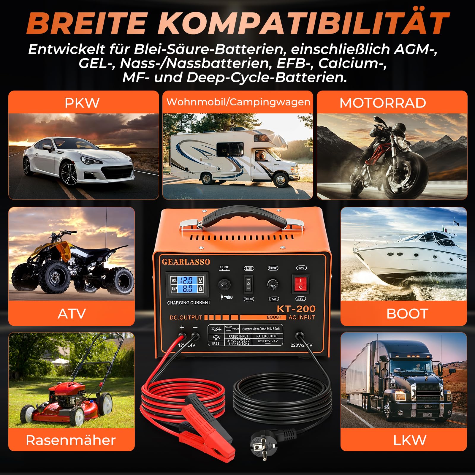Cargador de batería de coche 12 V/24 V 0-15 A con pantalla LED, protección múltiple y apagado automático, para coche, furgoneta, motocicleta, barco, AGM, gel y baterías de plomo-ácido