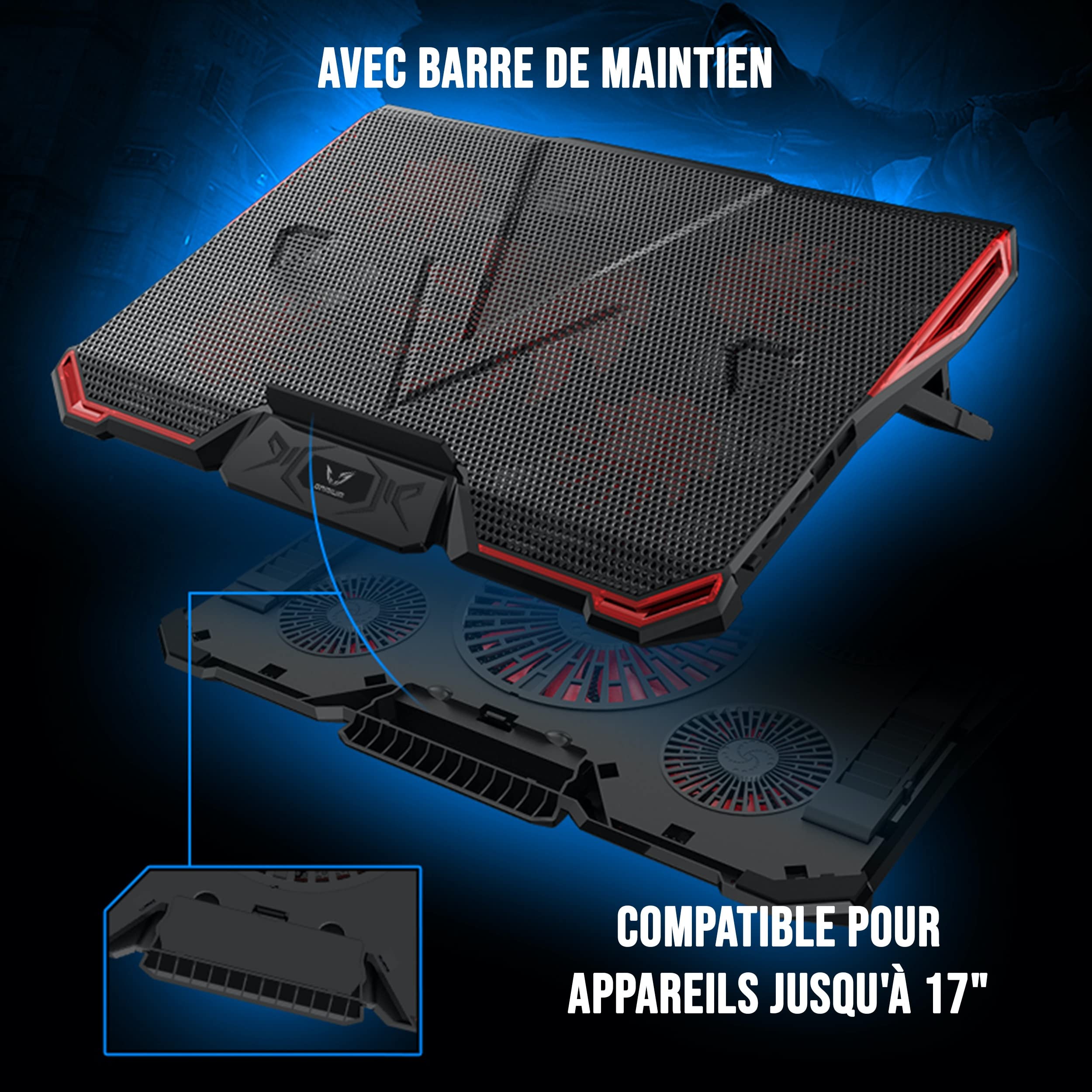 WE Gamium Refroidisseur Ordinateur Portable - Le Plus Puissant - Refroidissement Ultra Rapide - 5 Ventilateurs Ultra Silencieux - Refroidisseur PC Portable PS4 Xbox - Rouge et Noir