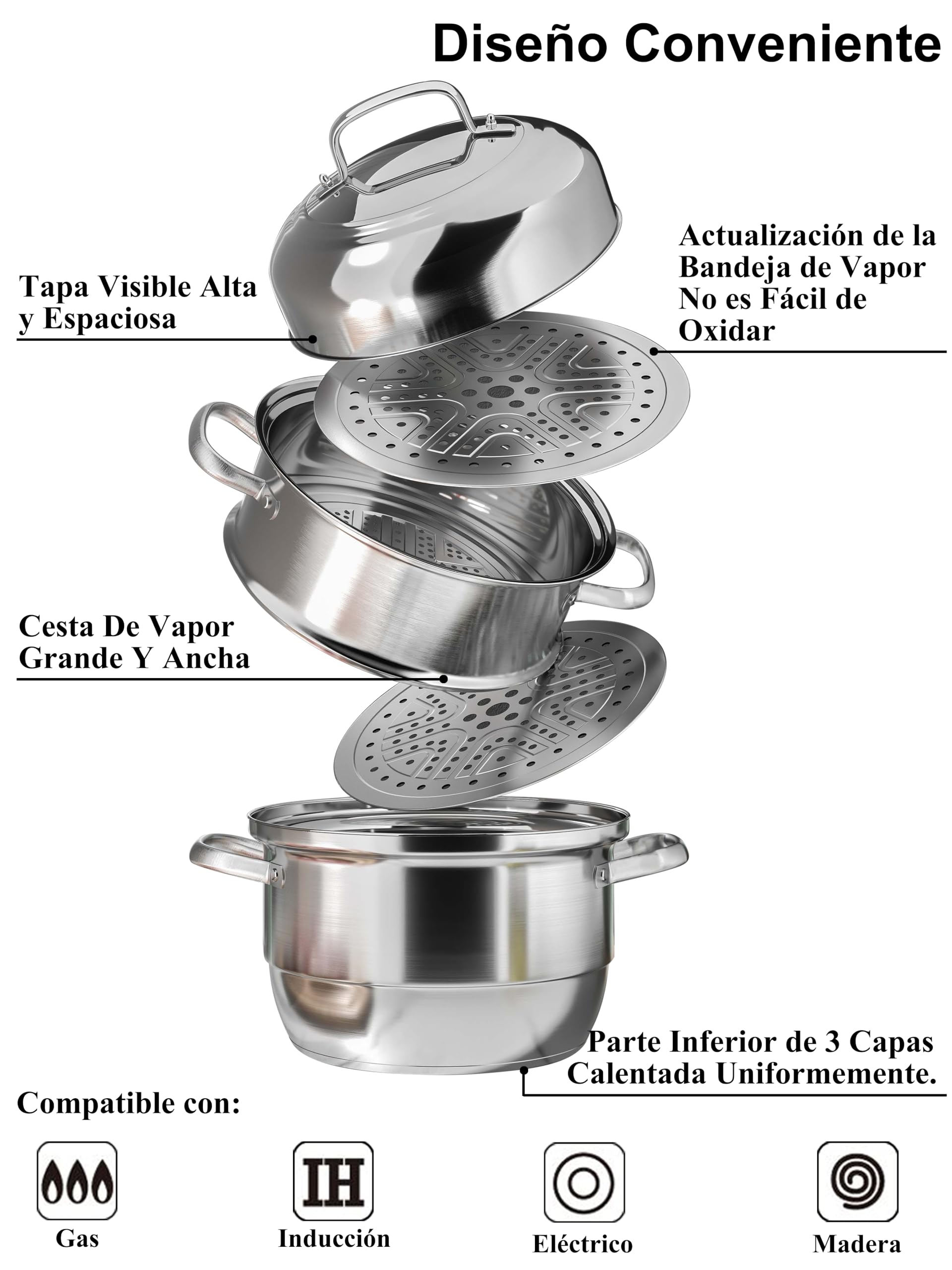 VENTION Olla Vaporera Acero Inoxidable 28 cm, Ollas al Vapor Induccion 3 Niveles, Vaporera Cocinar Vapor