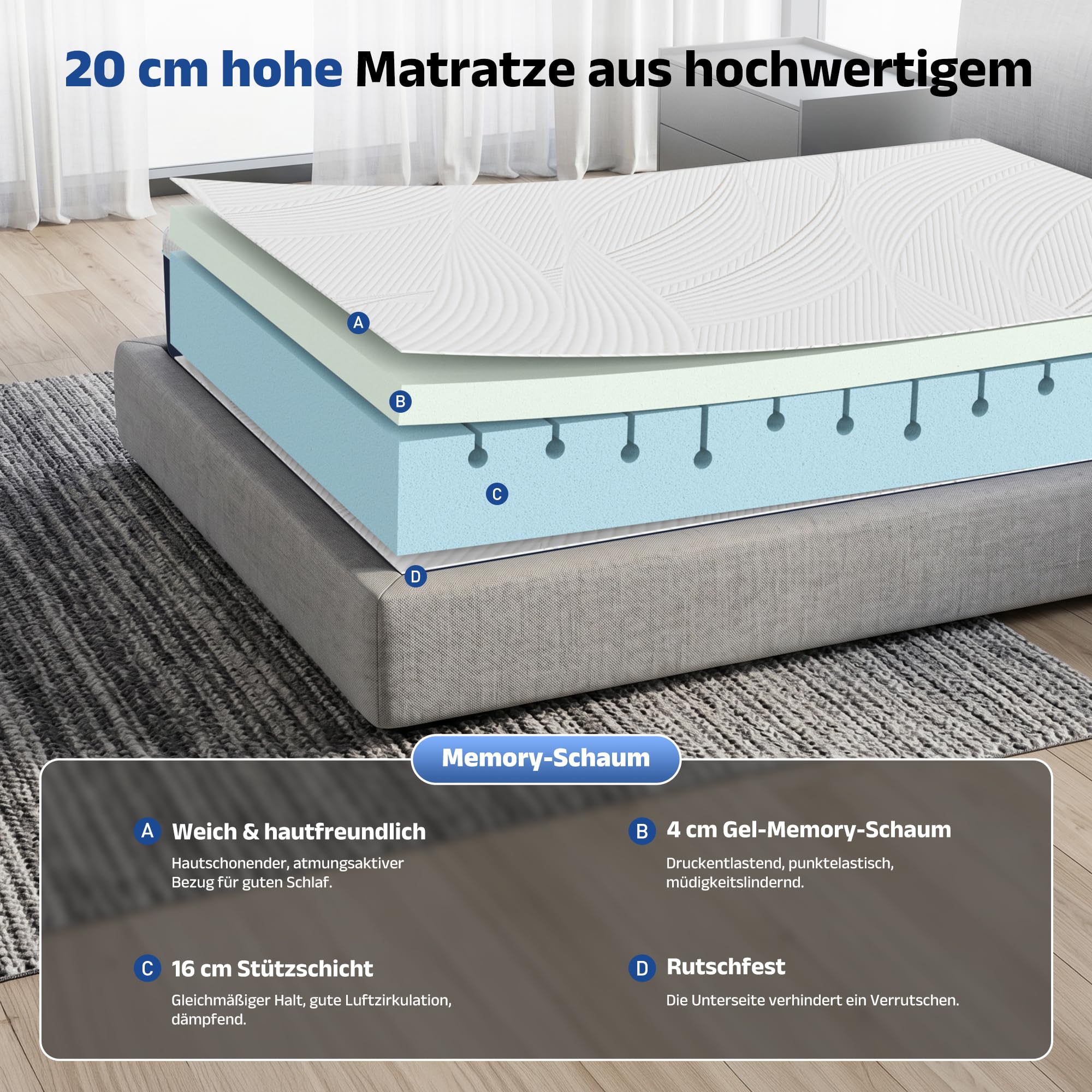 wowttrelax Matratze 90x200 cm, 7-Zonen, Höhe 20 cm, Bequem luftdurchlässig | Gel-Memory-Schaum Matratze, abnehmbar waschbarer Bezug, OEKO-TEX & CertiPUR-US zertifiziert, atmungsaktiv hautschonend