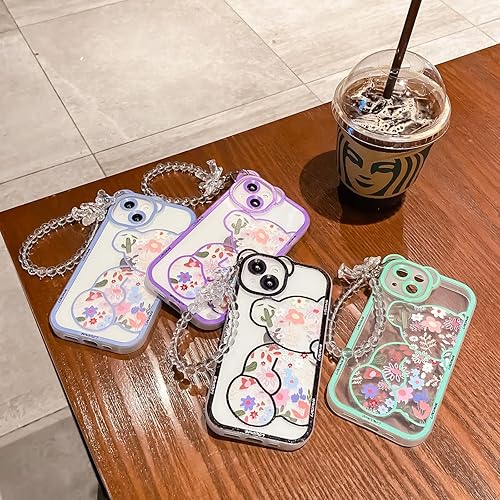 Miniatura 6 de Funda para iPhone 13 Pro Max con bonito patrón de oso de flores, protector de cámara, funda transparente y bonita cadena de pulsera, compatible con
