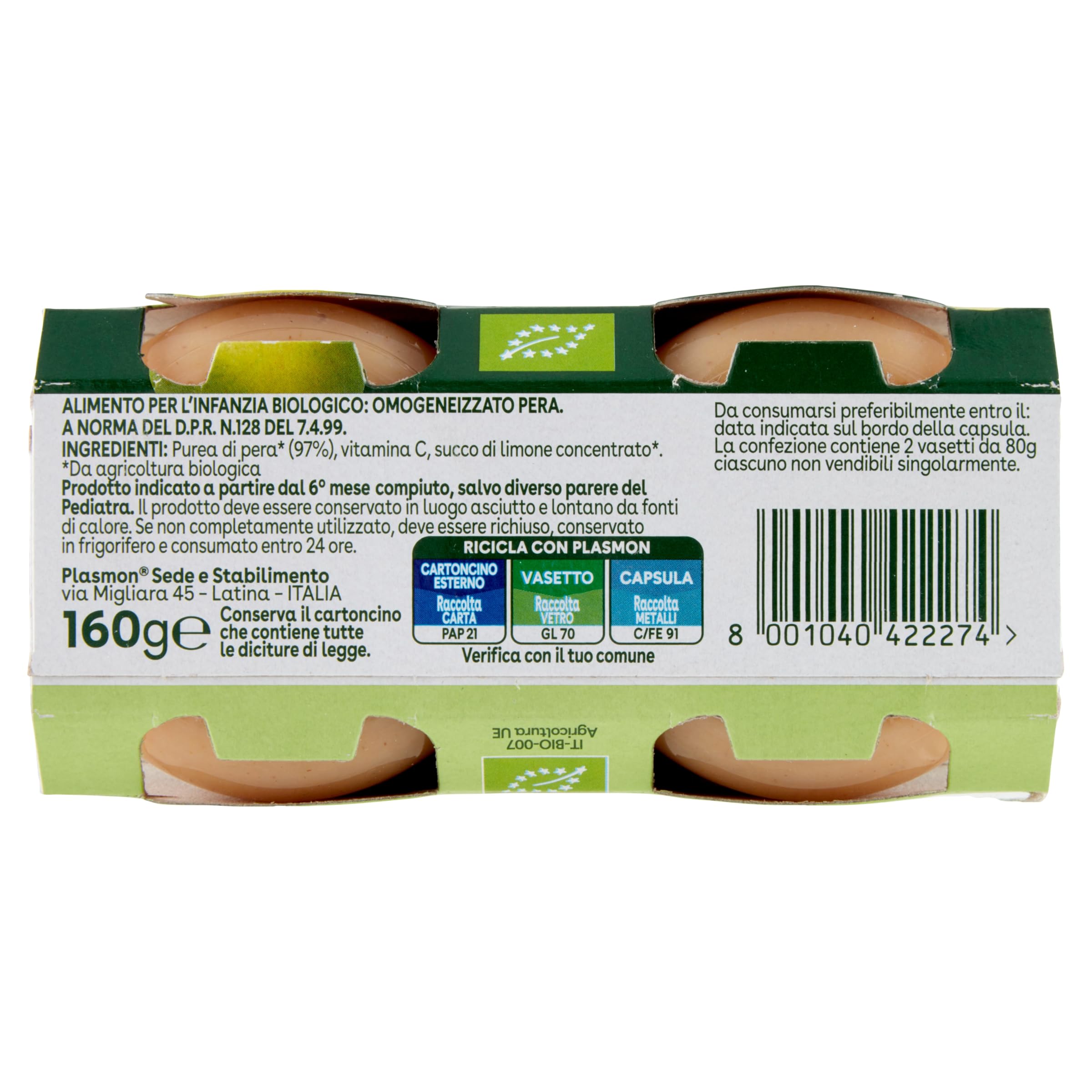 Plasmon BIO Omogeneizzato Pera 2X80g (12 Confezioni)