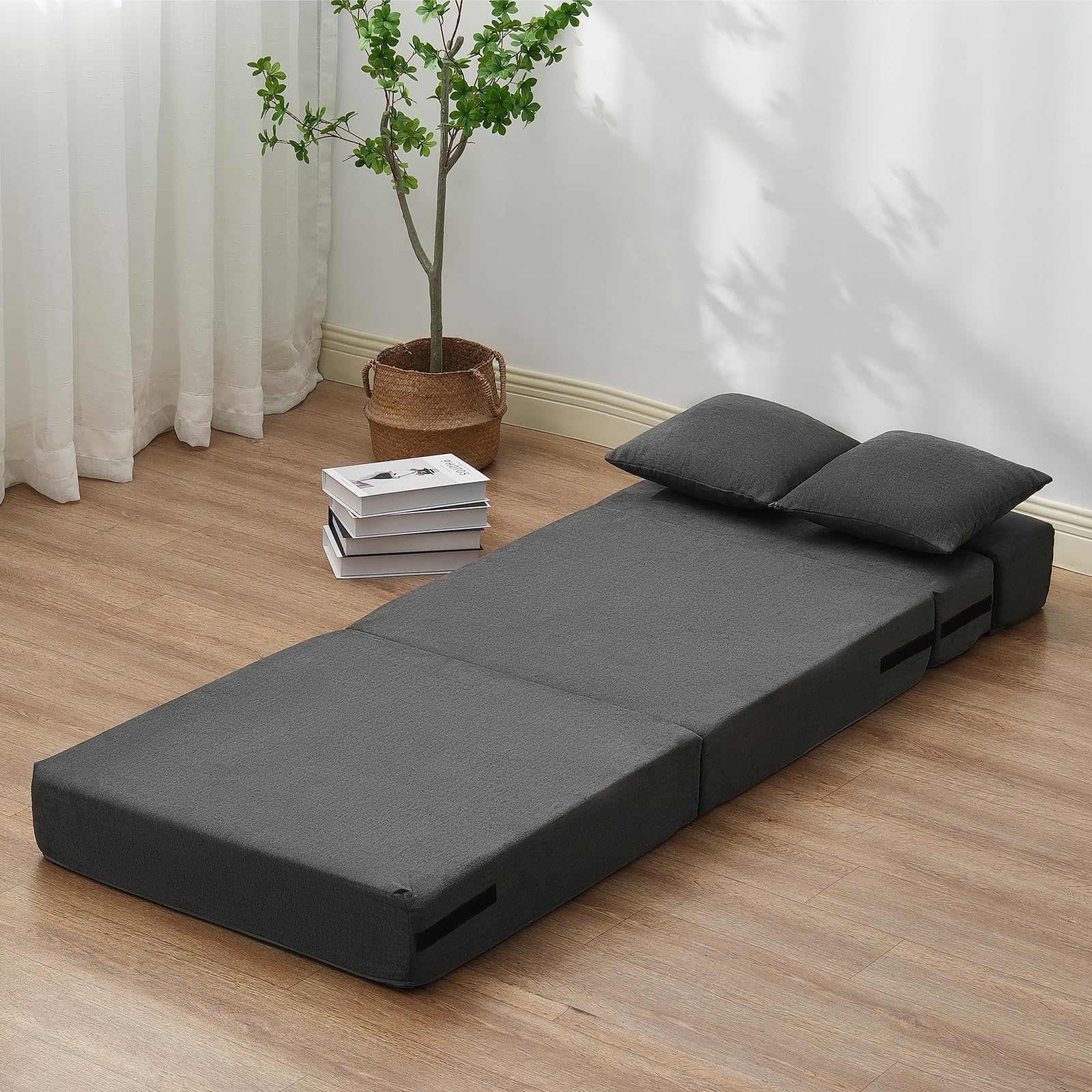 VEVOR Canapé-lit Pliant, 3 en 1, Fauteuil-lit Convertible Pliable, 2 oreillers et Housse Lavable, canapé-lit futon en Mousse à mémoire de Forme, pour Salon, Chambre, Gris foncé, 186 x 73 cm (Single)