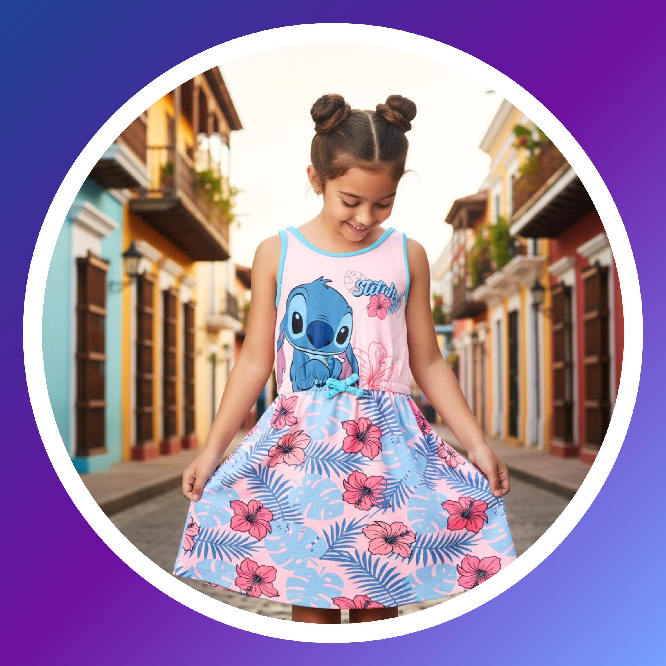 Disney Stitch Vestido para Niña Algodon Suave Tropical Manga Corta Tallas 3-8 Años