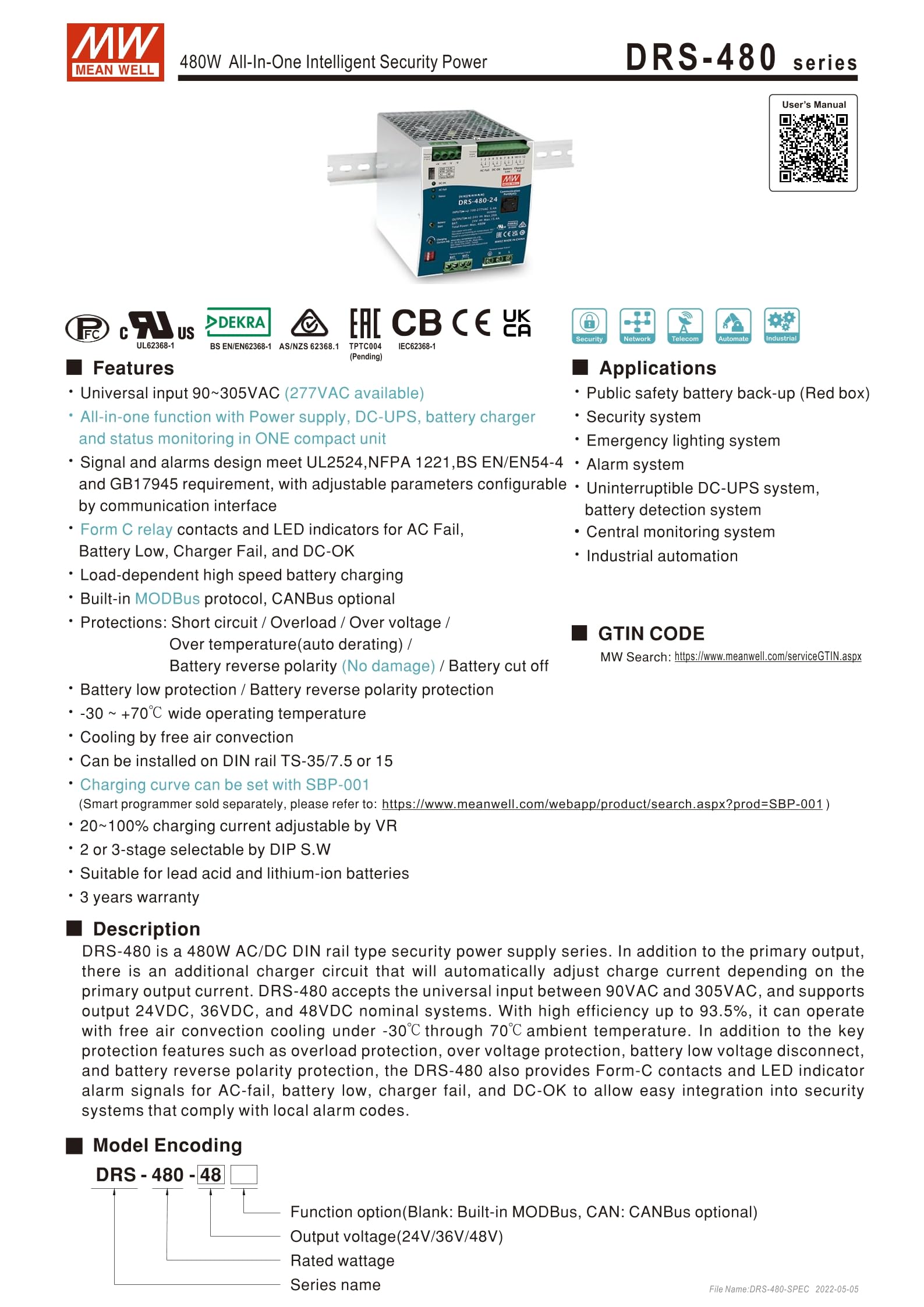 Mean Well DRS-480-48 480W All-in-One Intelligent Security Power DRS-480 48V 7.2A