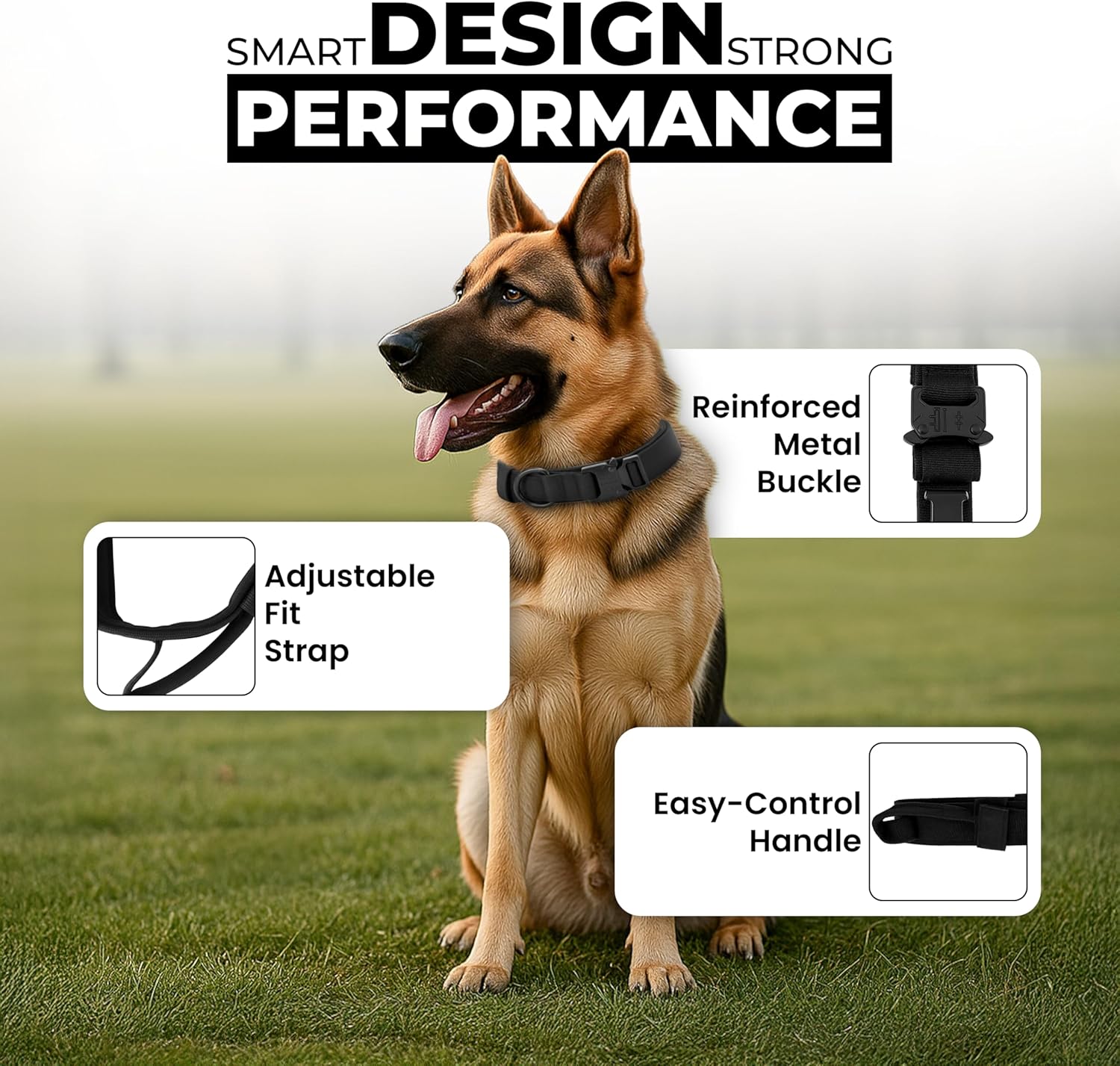 Heavy Duty Tactical Dog Collar – Adjustable Training Collar with Metal Buckle for Large Dogs – Durable, Comfortable, Secure Fit – The Pup Quartet (Black, XL)