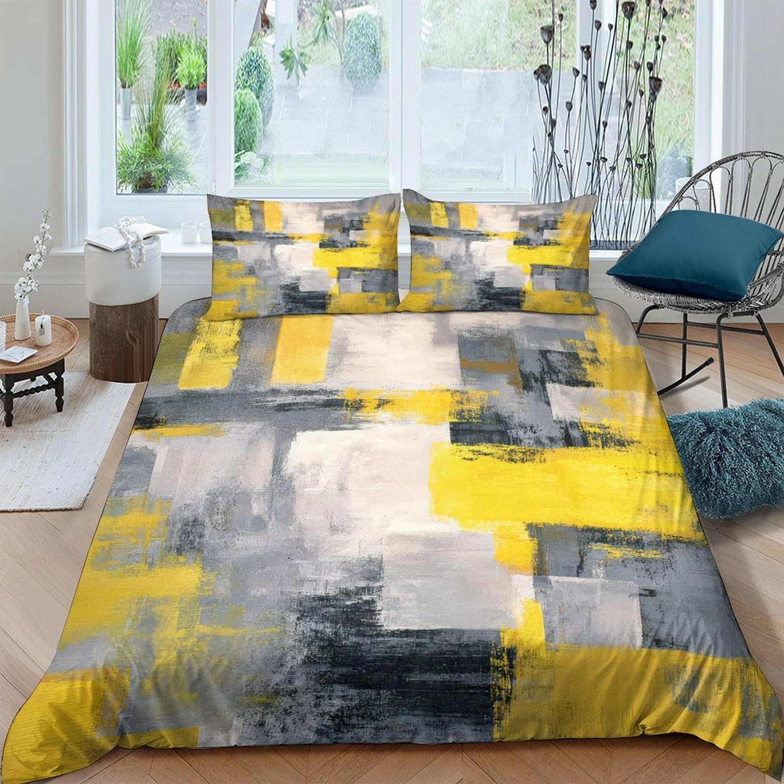 Ctjqhvkz Style-1 3D Printed Yellow Grey Abstract Fitted Sheet Microfiber Soft Modern Geometric Bed Cover For Bedroom Guest Room Dorm Decor Single（135X200cm）
