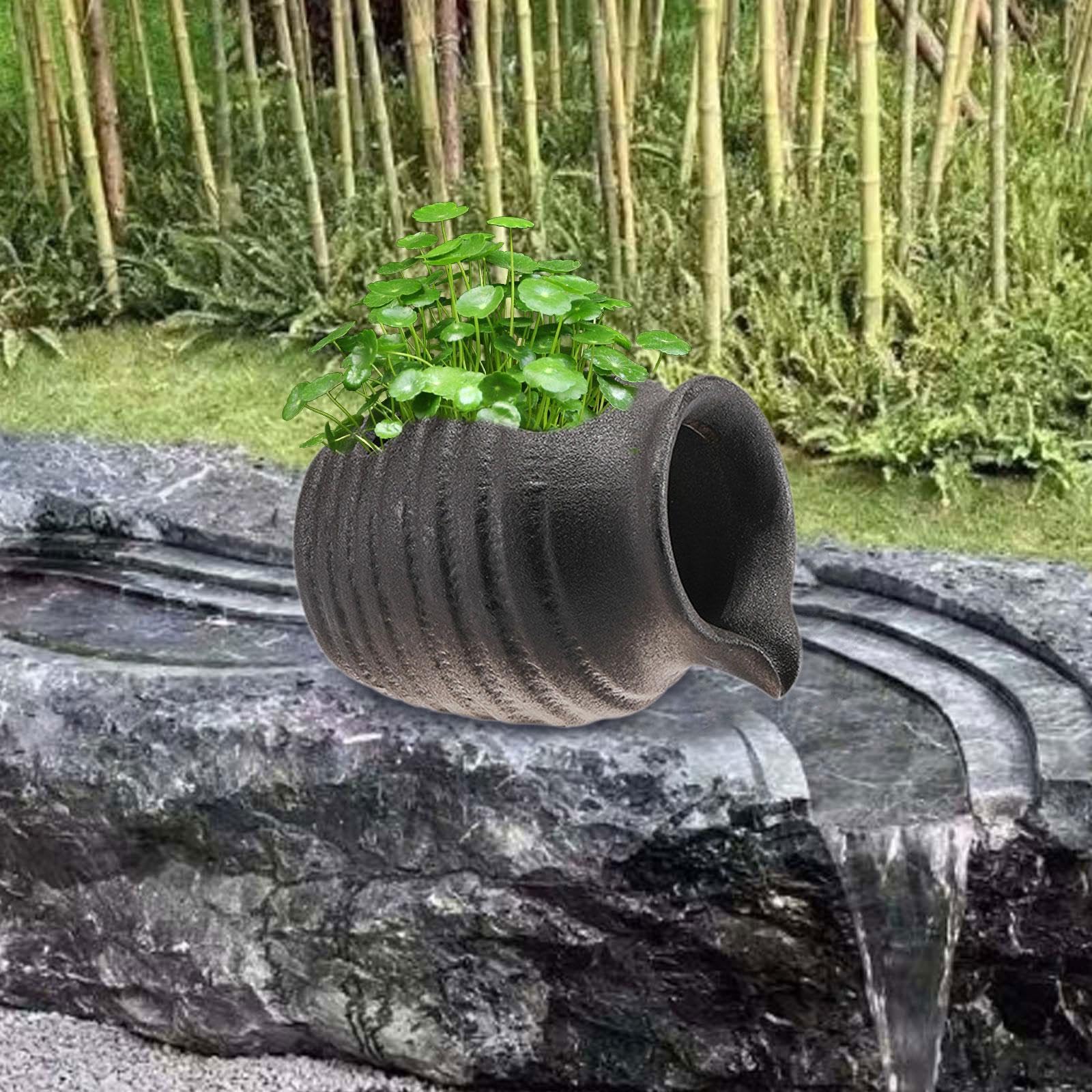 KESOTO Zirkulierendes Wasser Tontopf Hydrokulturvase Wasserfall Dekor Wasserbrunnenglas für Den Desktop Im Freien Wasserbrunnenglas, Schwarz