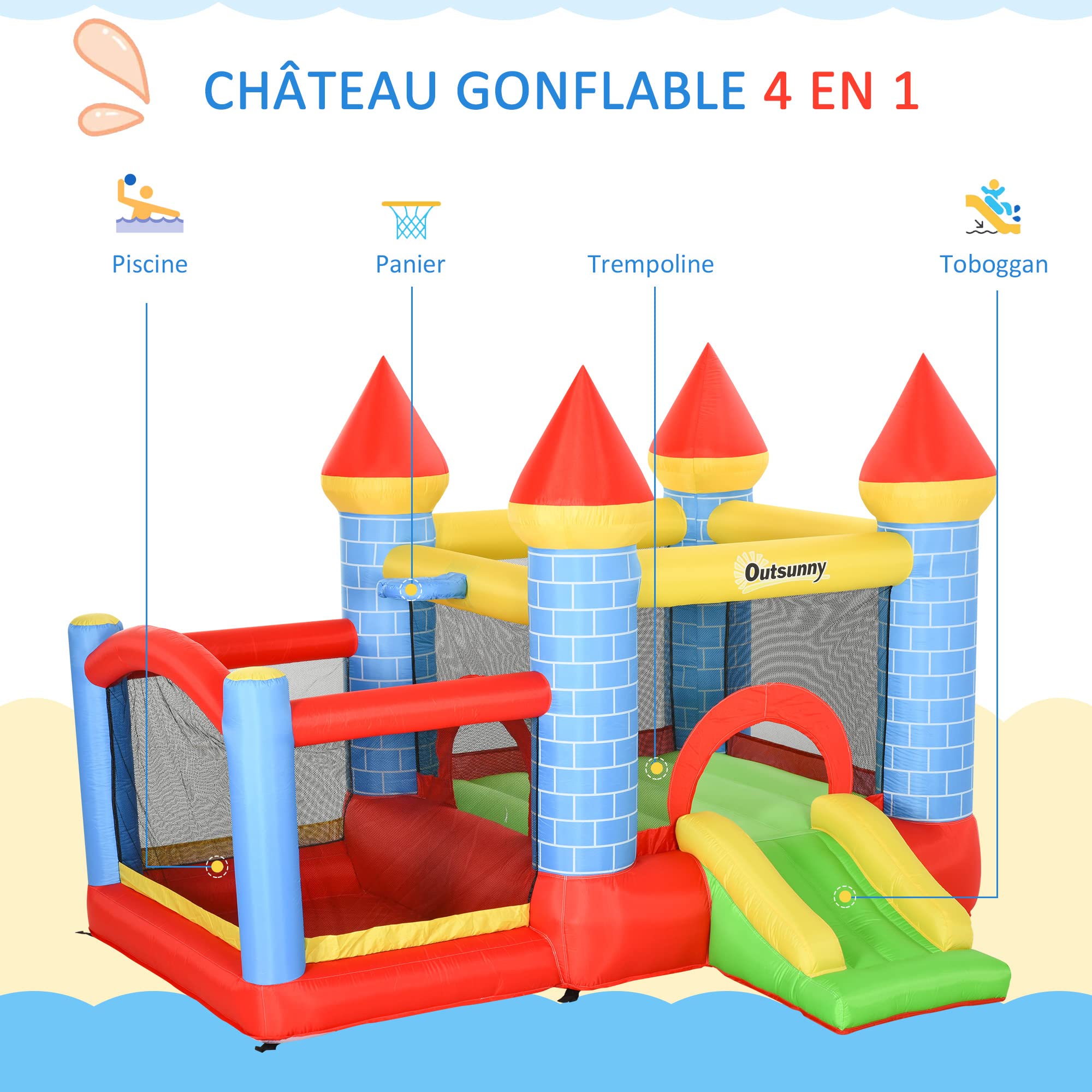 Outsunny Château Gonflable pour Enfants avec Trampoline Toboggan, souffleur 350W et Sac de Transport Inclus jusqu'à 3 Enfants dim. 280L x 260l x 210H cm Multicolore