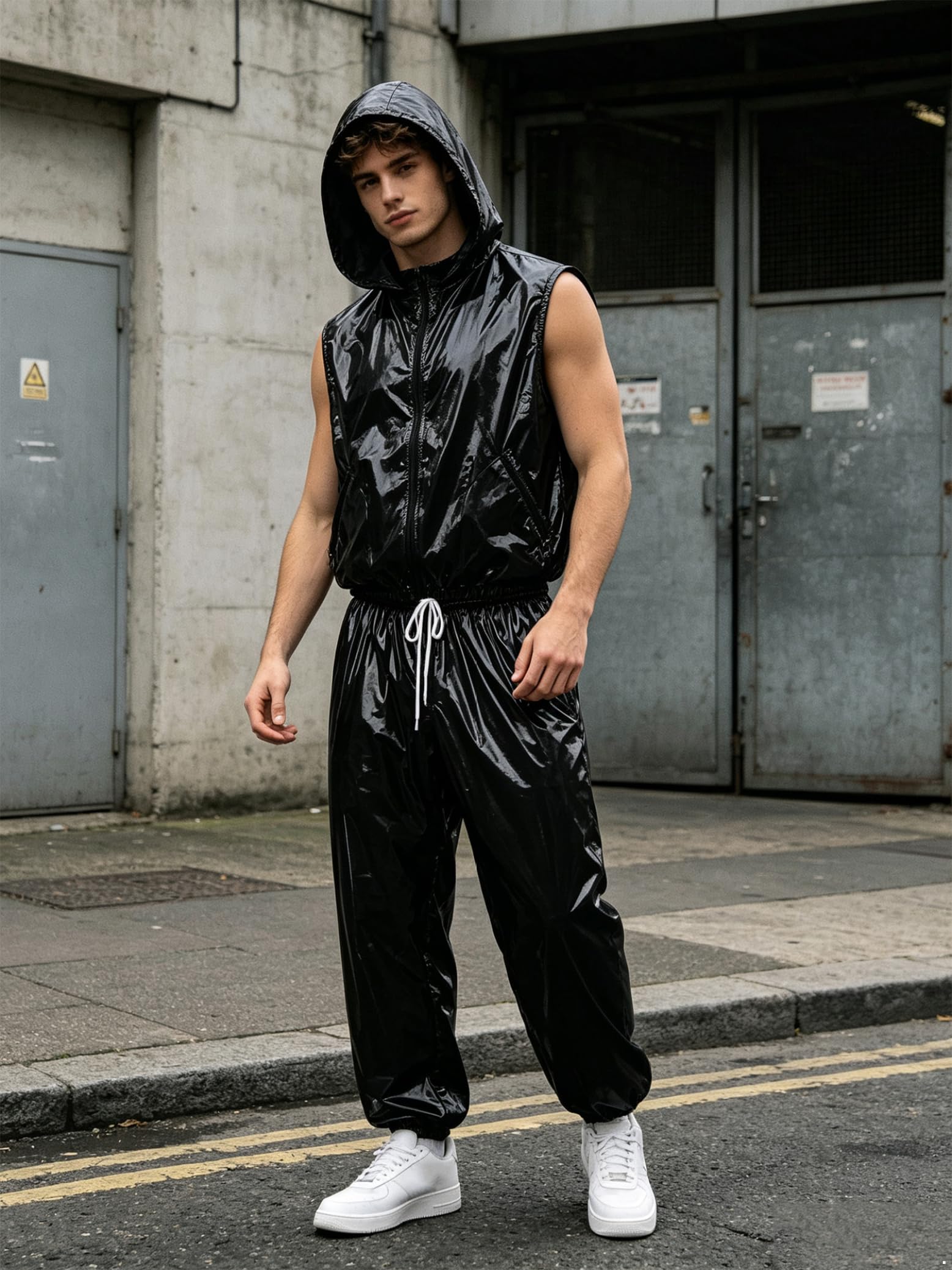 Męski dres treningowy luźny strój dwuczęściowy bluza z kapturem