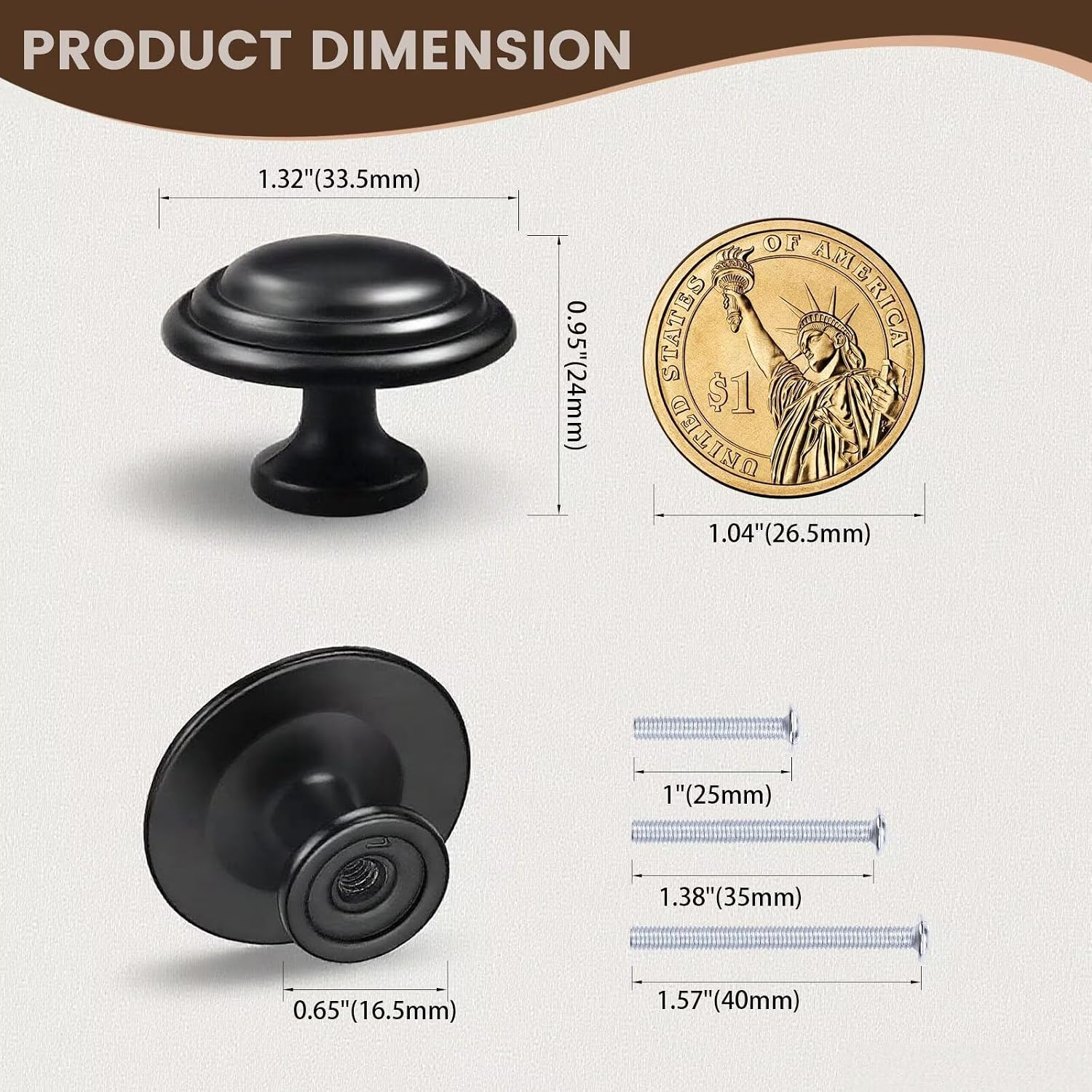 Black Dresser Drawer Knobs 12 Pack, Solid Kitchen Cabinet Knobs, Stepped Round Handle Pulls for Bedroom Bathroom, Diameter: 1.32 Inch(33.5mm)