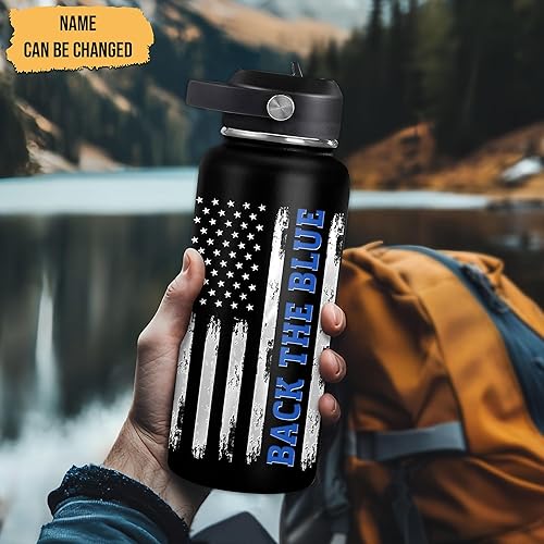 Vista 13 de Hyturtle Botella de agua personalizada de policía, botella de acero inoxidable aislada de 18 onzas, 32 onzas, bandera de línea azul fina, regalo
