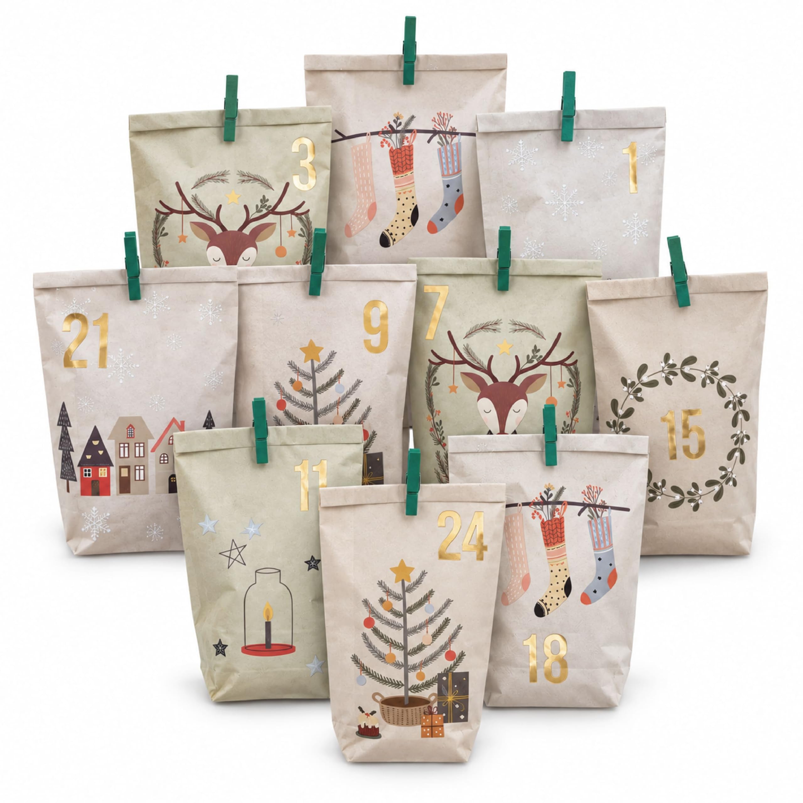 Papierdrachen Adventskalender 2026 zum Befüllen - 24 pastellfarbene Geschenktüten mit Zahlenaufklebern - Motiv Hygge - DIY - zum Basteln - Weihnachten