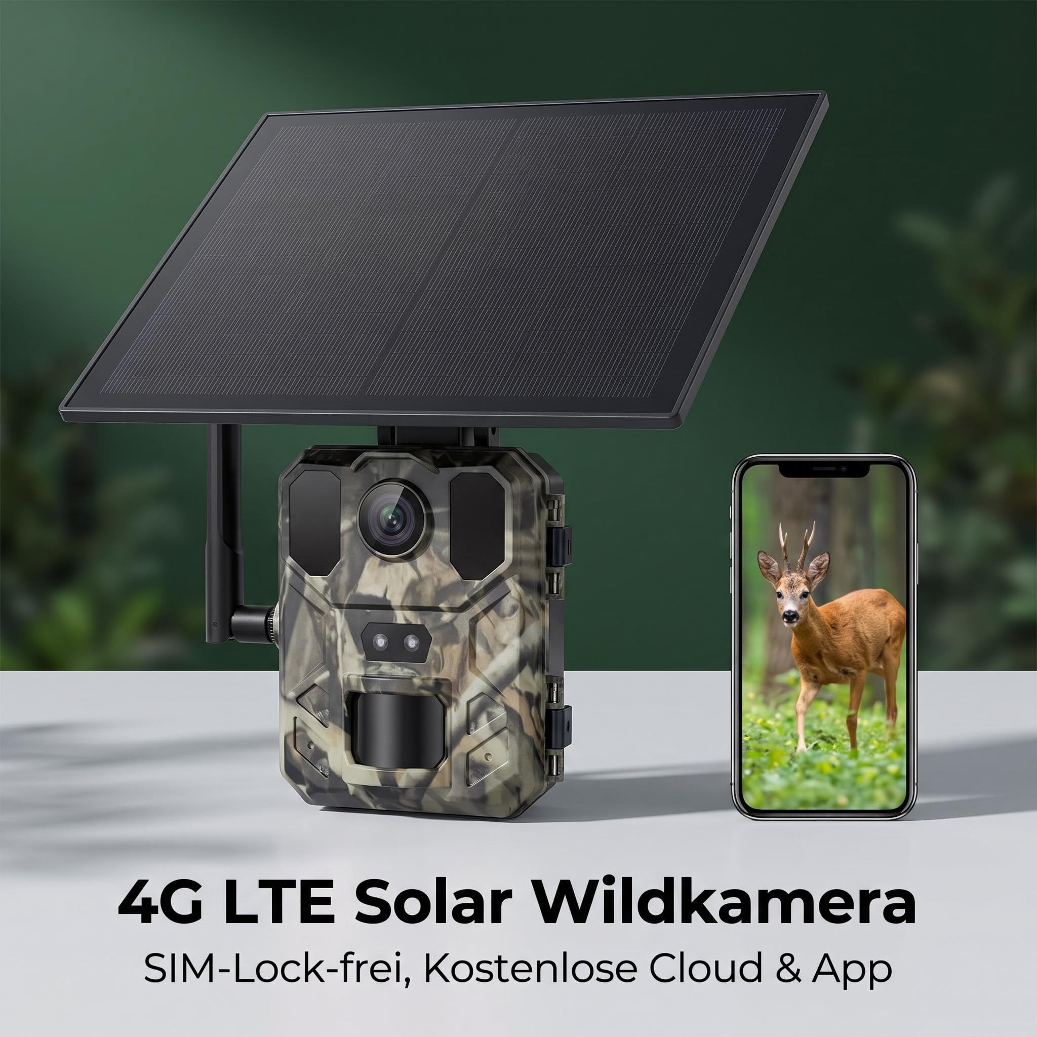 Wildkamera 4G LTE mit SIM-Karte, Doppelobjektiv, Live-Übertragung per App, 4K Video bis 120MP interpoliert, IP65 wasserdicht Außenkamera mit Infrarot-Nachtsicht & Bewegungsmelder