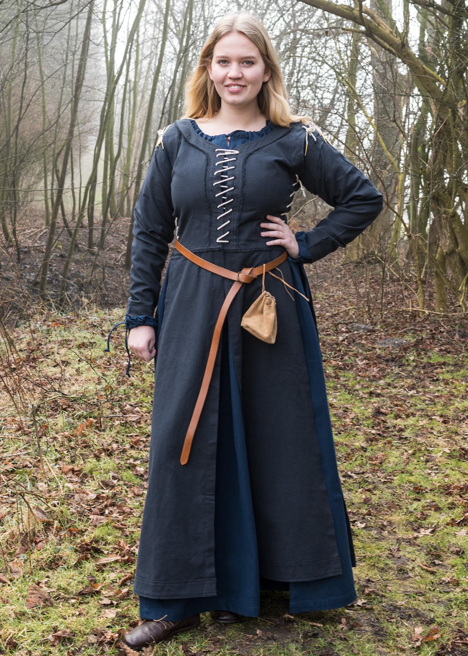 Battle-Merchant Średniowieczna sukienka damska Marit | sukienka Wikingów ze sznurowaniem kostium podkreślający sylwetkę bawełna, niebieski, XL