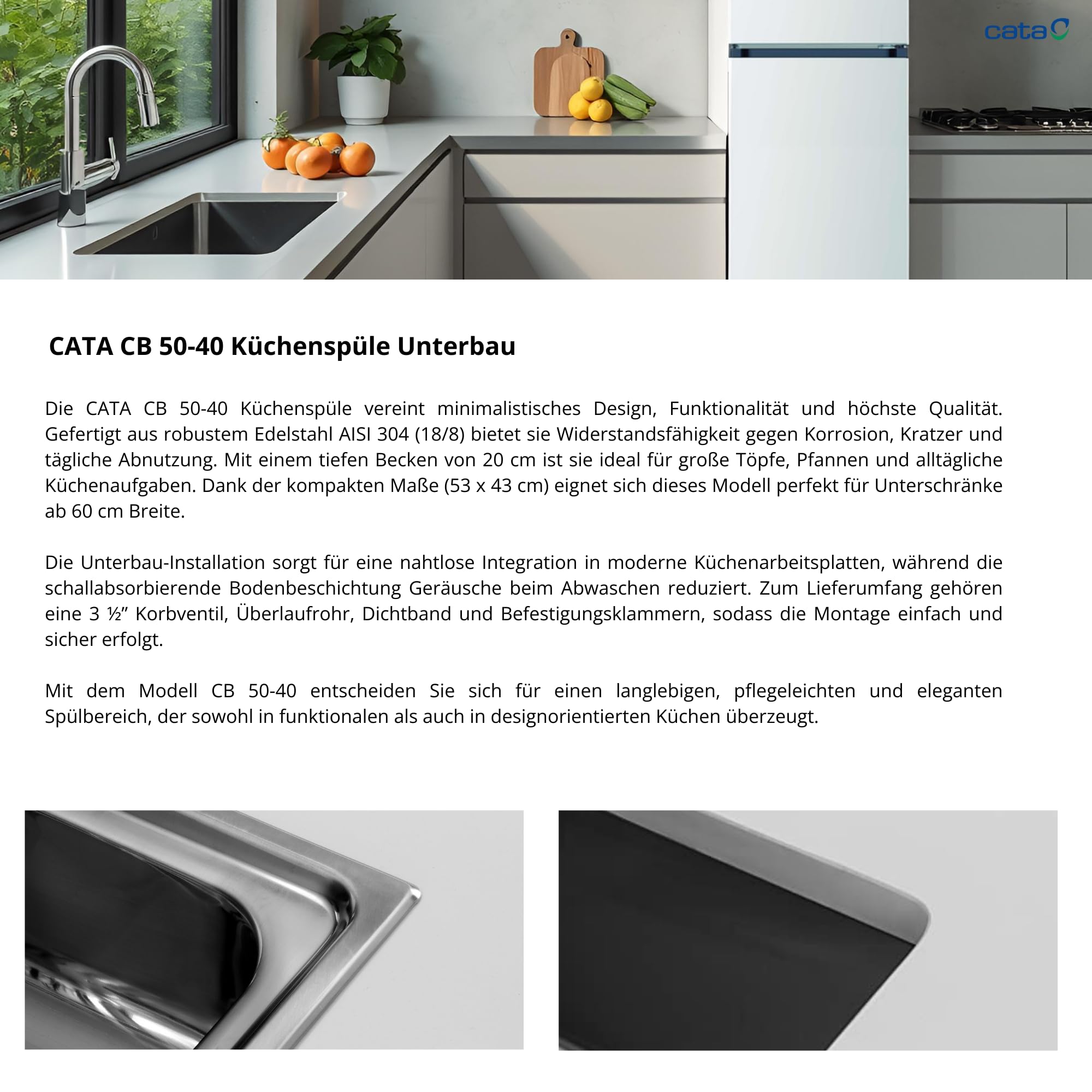 Cata Fregadero bajo encimera, Modelo CB 50-40, Fregadero cocina un seno, Acero inoxidable, Instalación en mueble de 60 cm, Cb - 40-50, Talla única