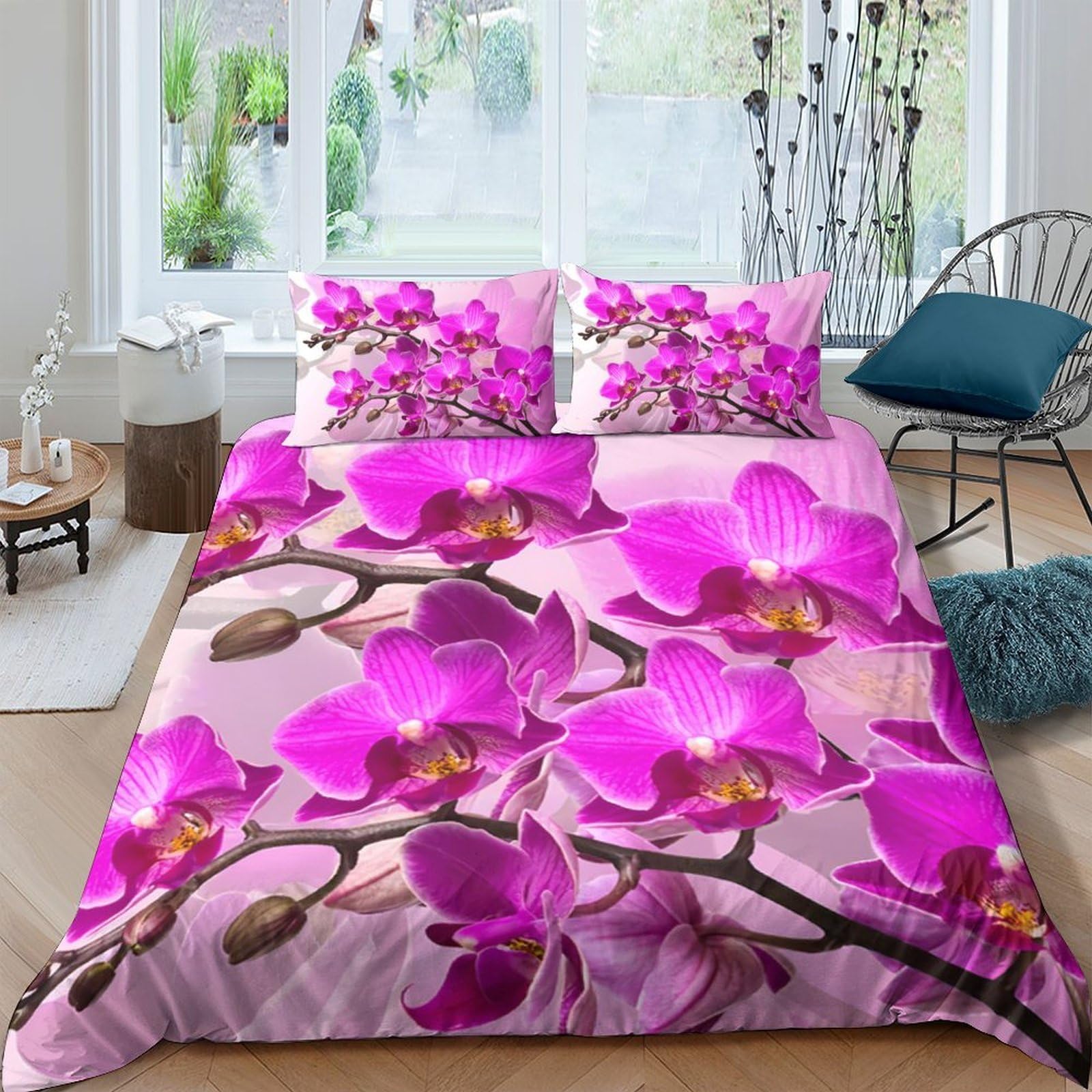 Ctjqhvkz Style-9 3D Printed Orchid Blossom Fitted Sheet Microfiber Pink Floral Bed Cover Anti-Slip Easy Care For Bedroom Guest Room Decor Single（135X200cm）